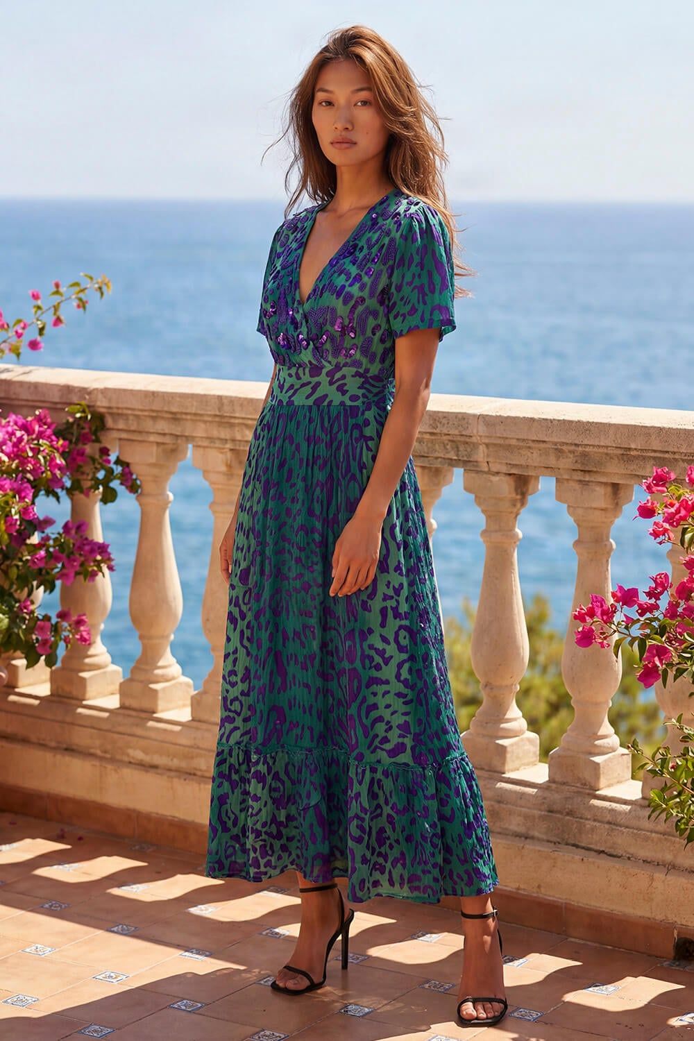 Roman Animal Print Beaded Midi Dress