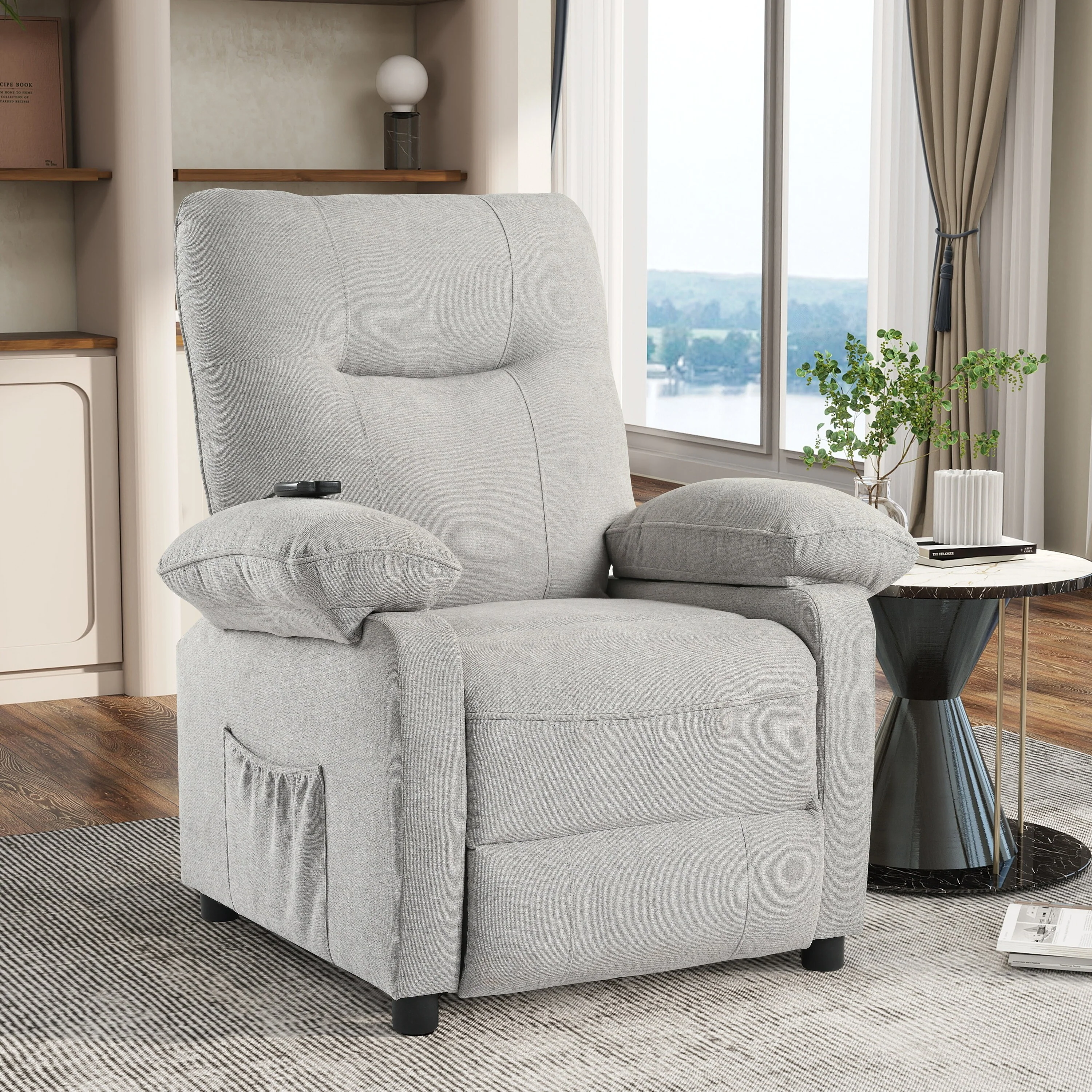 Grey Upholstered Manual Recliner with Massage, Lumbar Heating, Pillow Top Arms, Side Pockets