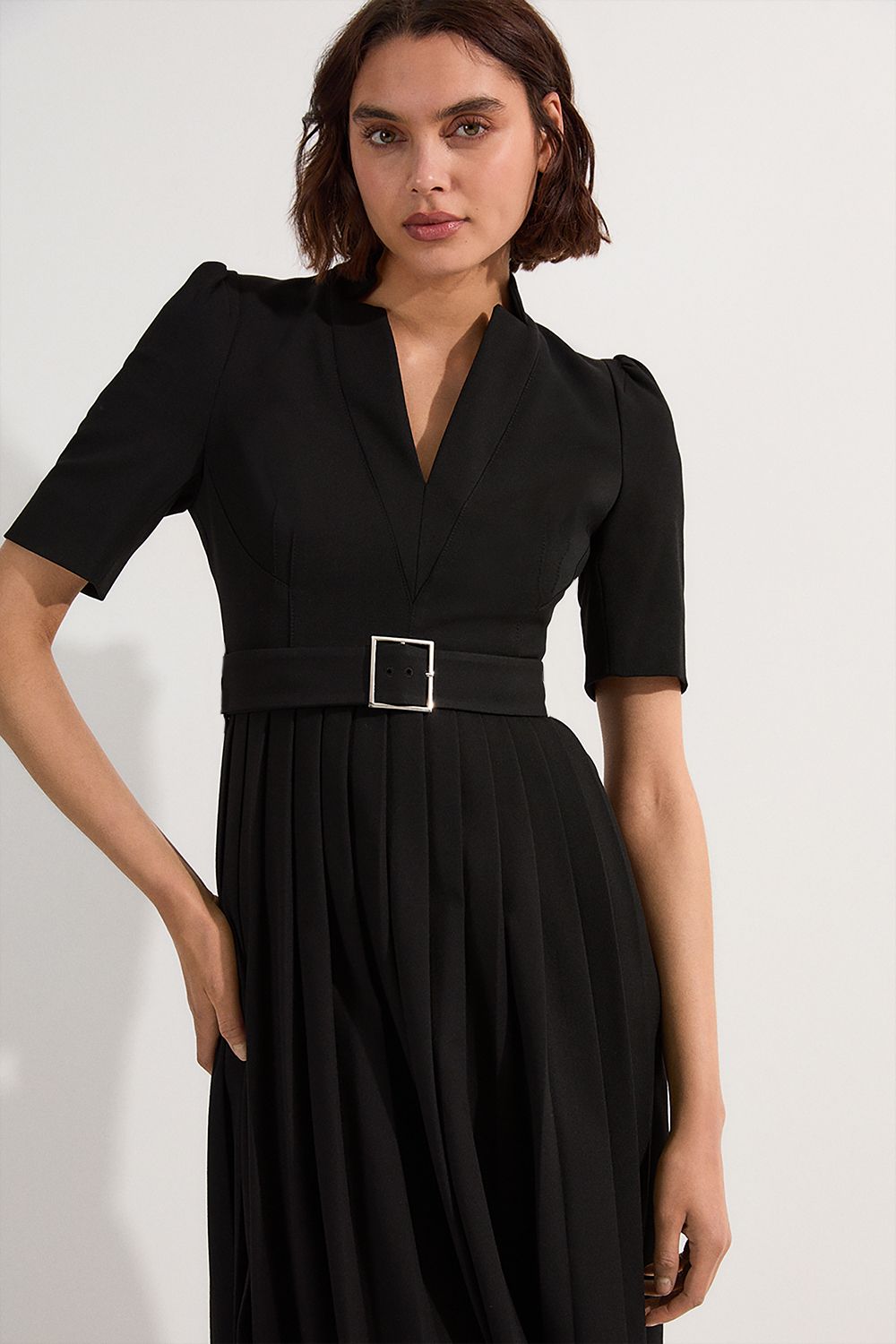KarenMillen Petite Tailored Structured Crepe Forever Pleat Belted Midi Dress