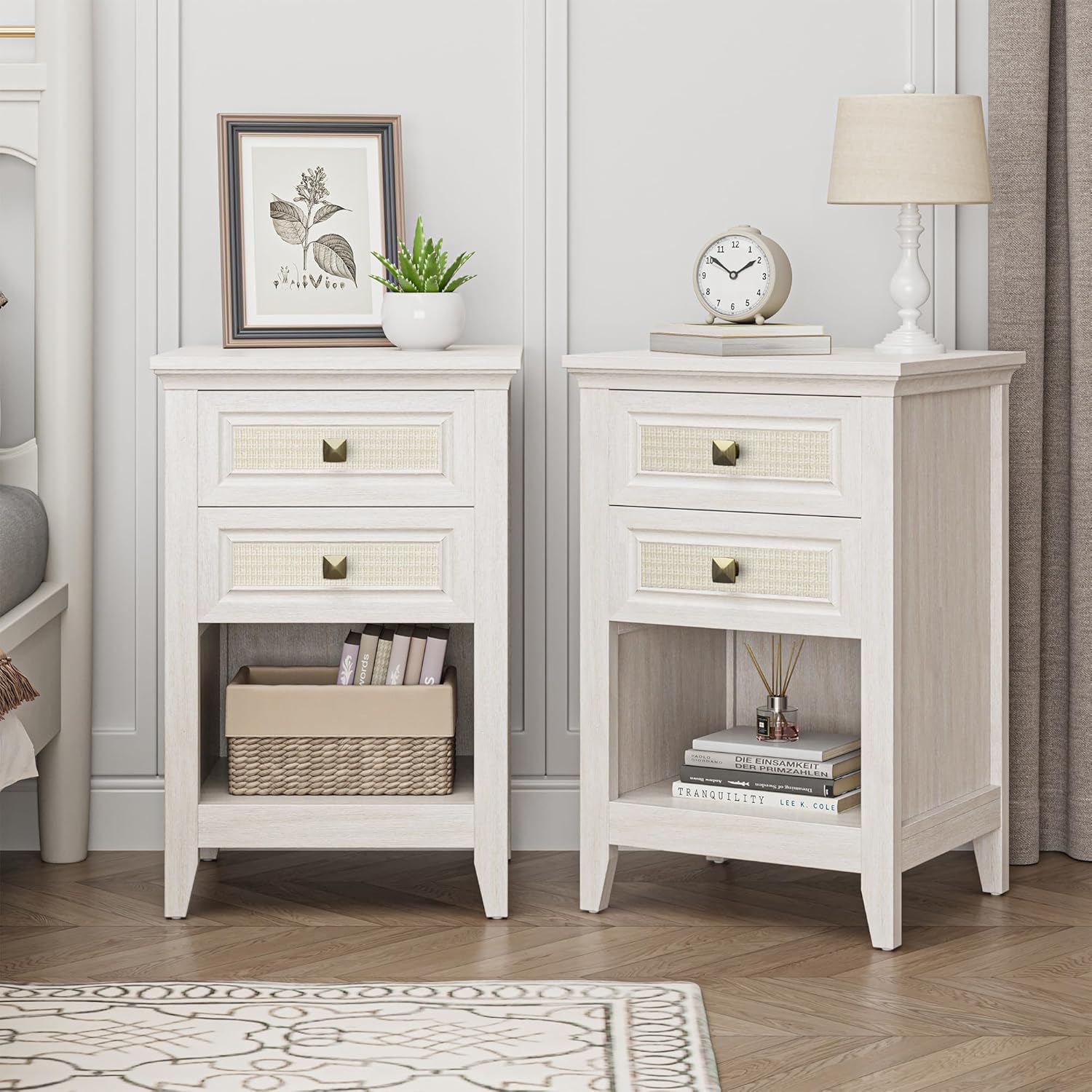 RoyalCraft White Rattan Nightstand with Drawer Set of 2, Boho 27 Tall Bedside Table with Storage for Small Space, Wood Accent End Table Bedroom Furniture, Couch, Grayish White