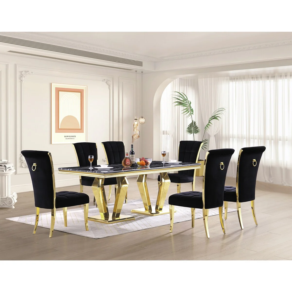 Black Velvet Upholstered Dining Chairs with Gold Legs Set of 2