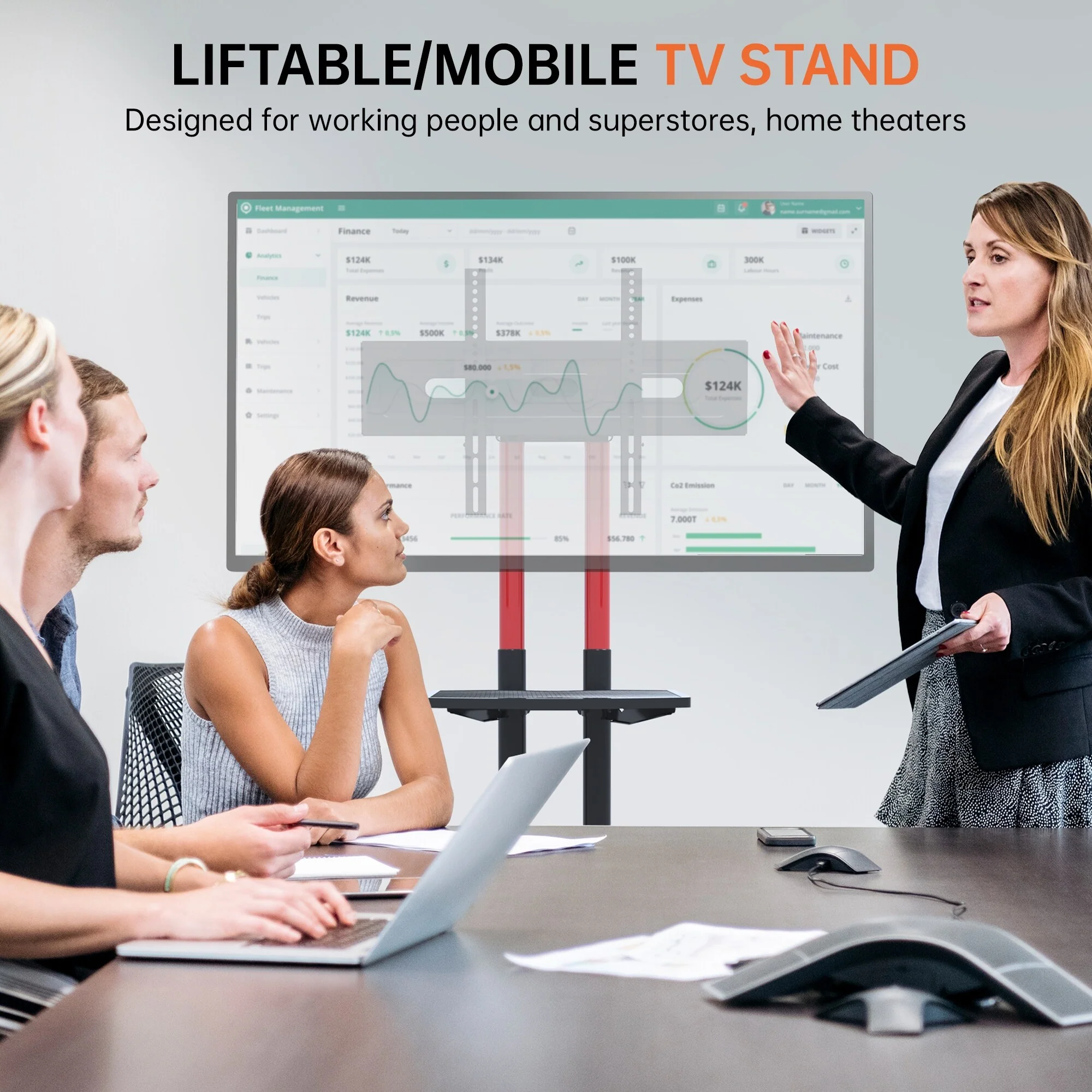 Red 31.88 H Universal Swivel TV Stand for 32-80 Inch TVs with Movable Base, Shelf, and Adjustable Height