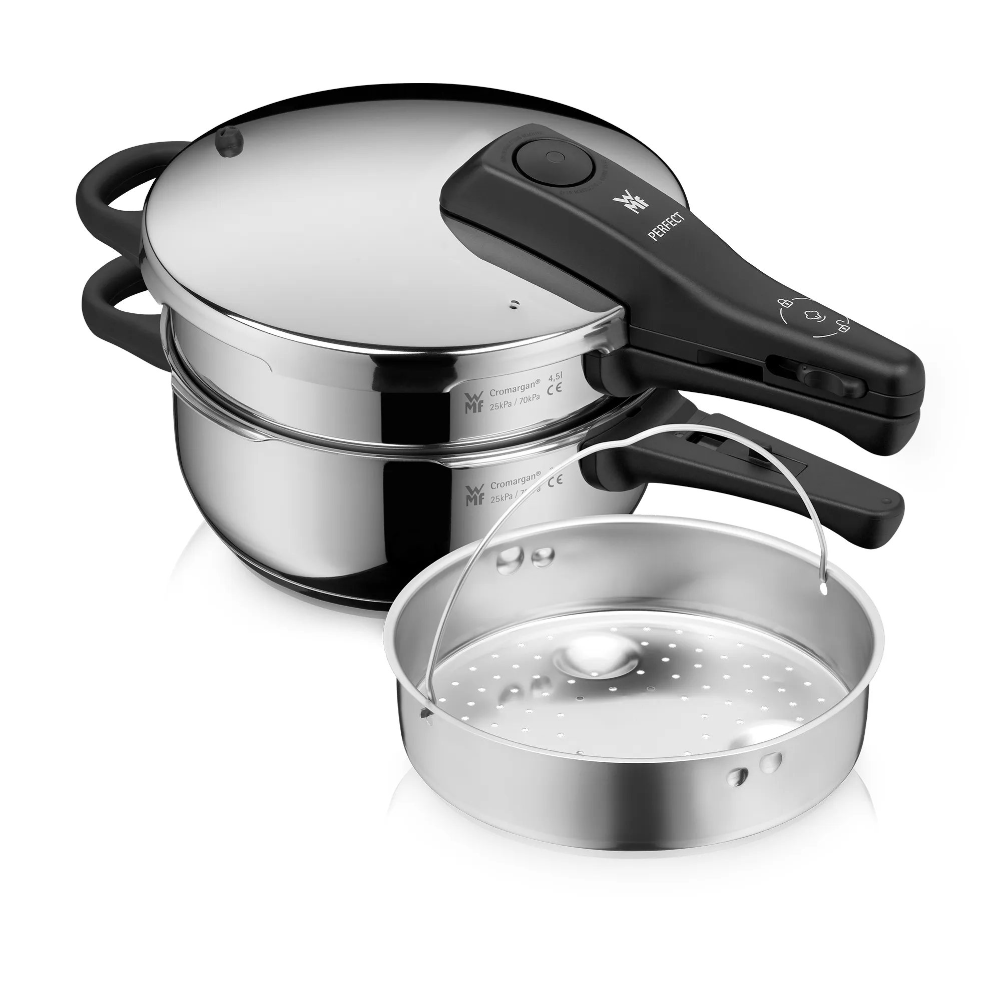 WMF PerfectOne Pot Pressure Cooker Set, 4.5 L and 3 L stackable with steam basket