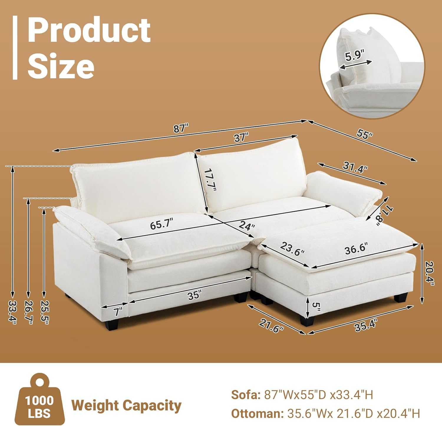 VINGLI 87 Convertible Sectional Sofa,L-Shaped Deep Seat Sofa Couch for Living Room,Modern 2-Seat Loveseat Sofa with Ottoman for Small Space(Creamy White, 87)