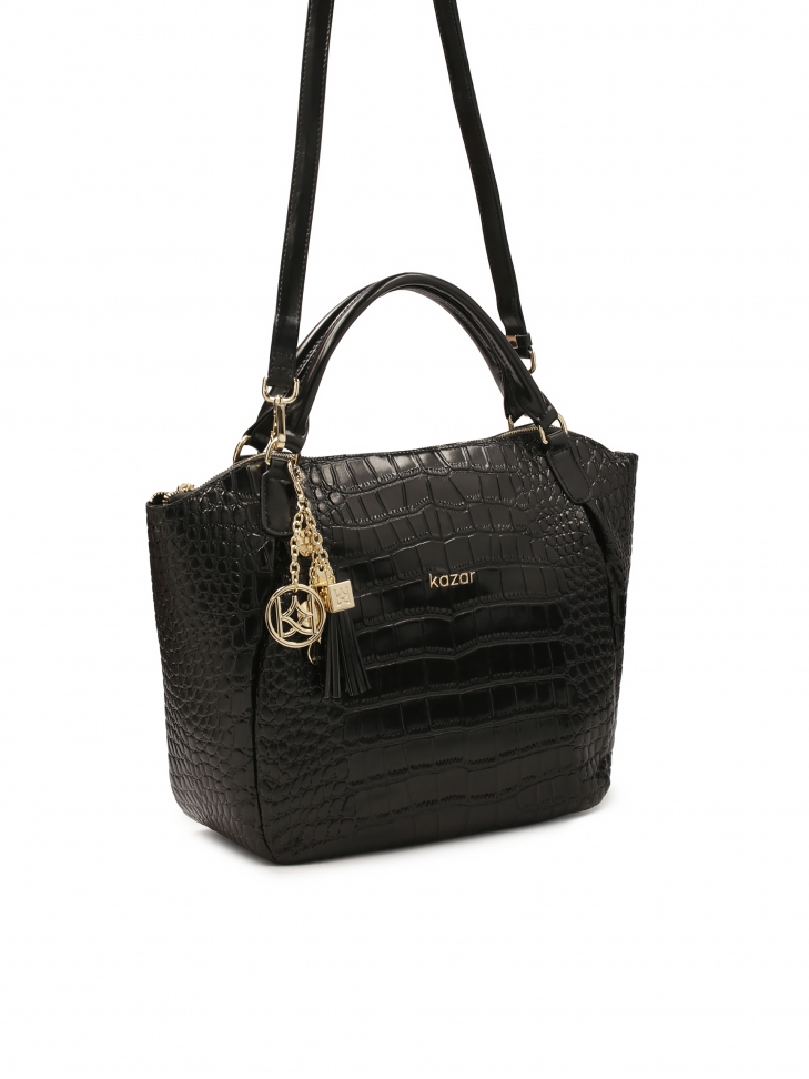Black handbag with detachable strap in embossed crocodile pattern