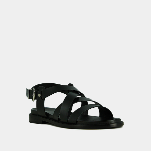 Sandales à brides entrecroisées et boucl...en cuir noir | WOKY