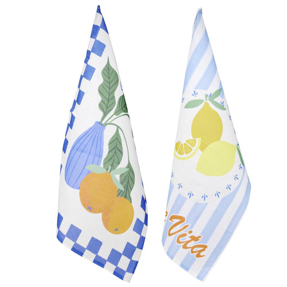 Torchon x2 coton Dolce Vita motif citrons et oranges 45x65cm