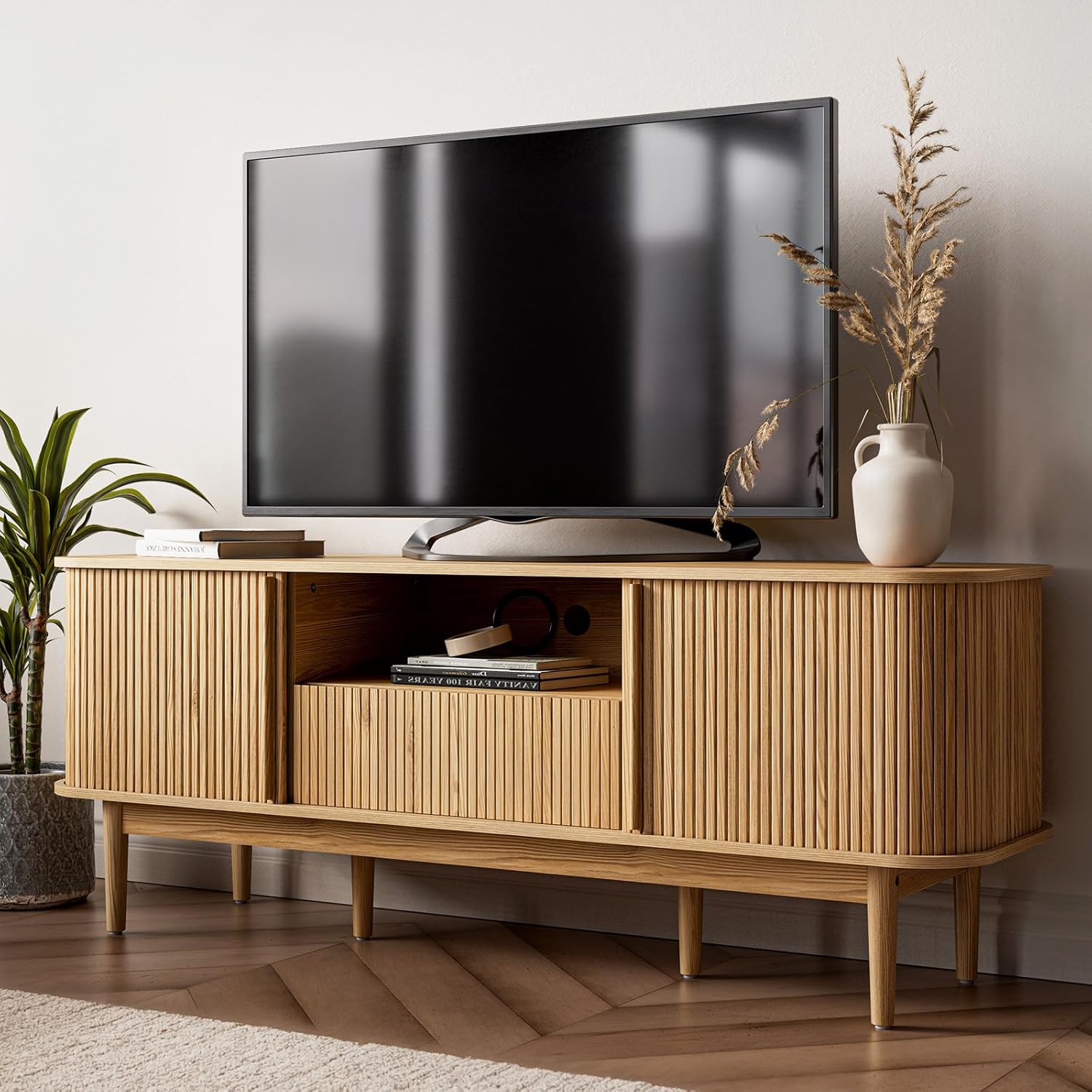 63 Tambour TV Stand, Fluted TV Stand for TVs up to 70'', Modern Entertainment Center with Storage, Wood Media Console with Sliding Doors for Living Room, Natural