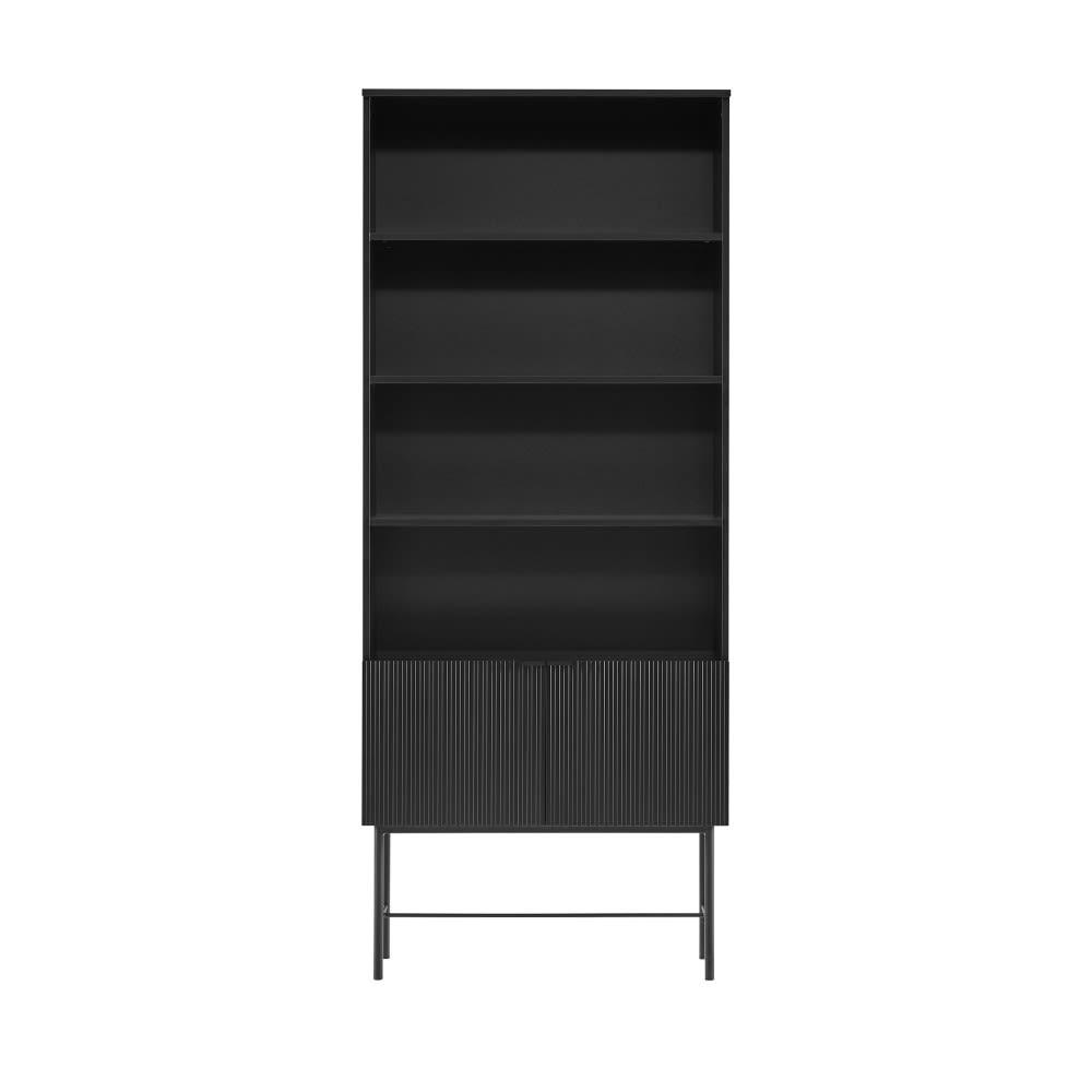 MOLLY - Bibliothèque 4 niches, 2 portes en bois et métal H200cm noir