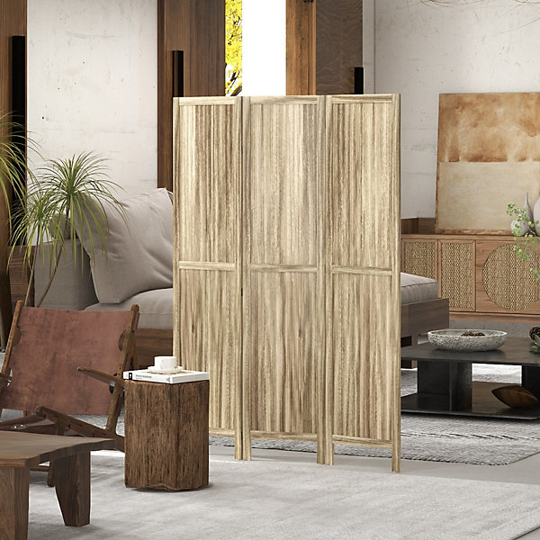 Paravent séparateur de pièce 3 panneaux pliables dim. 120L x 170H cm bois de pawlonia