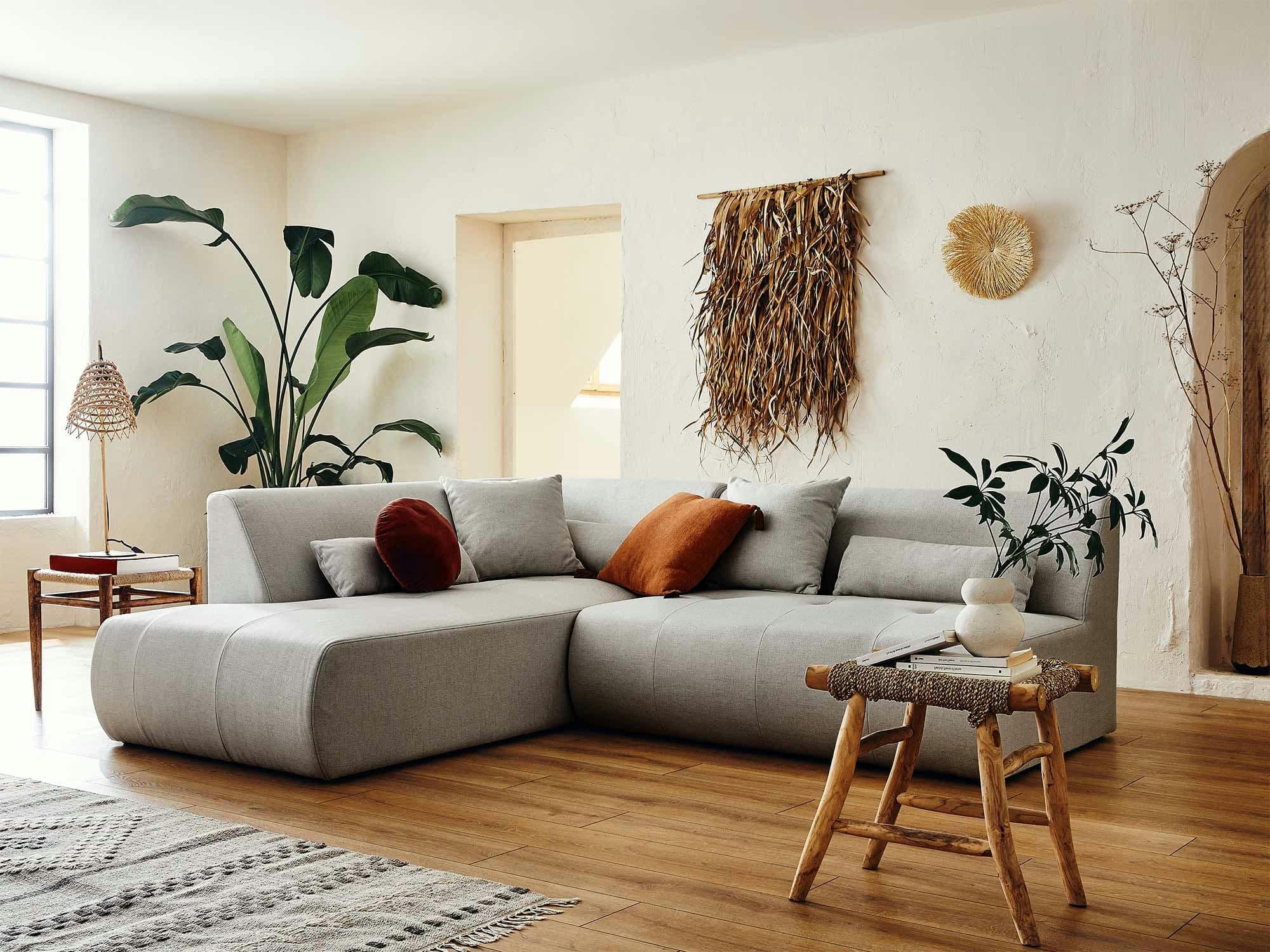 ONYX - Canapé modulable 5 places angle gauche en tissu gris clair