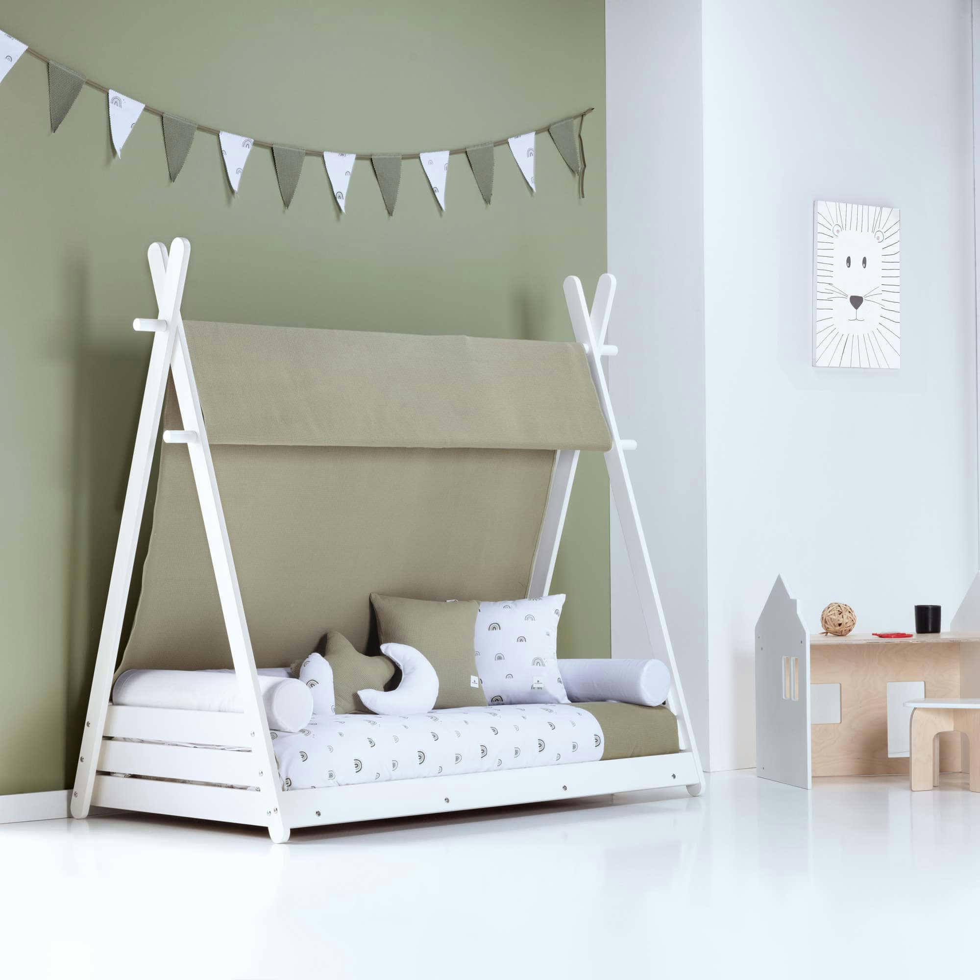 HOMY - Lit bébé Montessori en 70x140 cm avec textile en vert olive