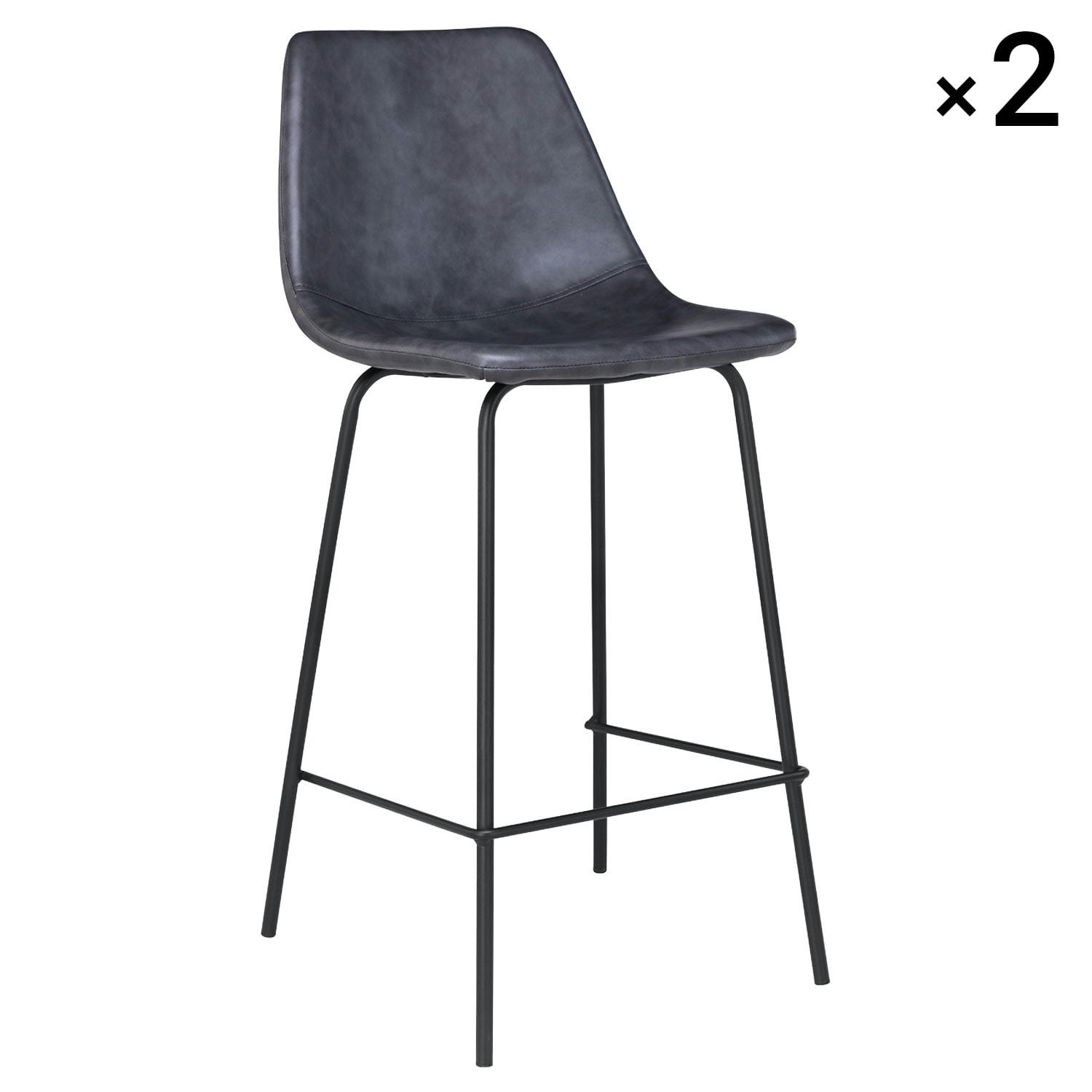 LUCIEN - Lot de 2 tabourets de bar vintage 65cm en simili cuir gris