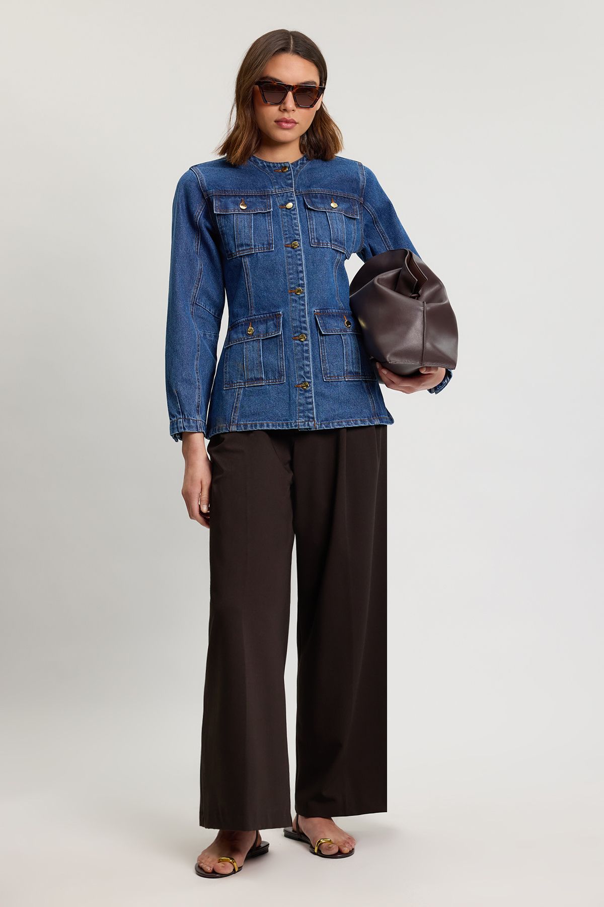 KarenMillen Denim Button Though Rounded Sleeve Jacket
