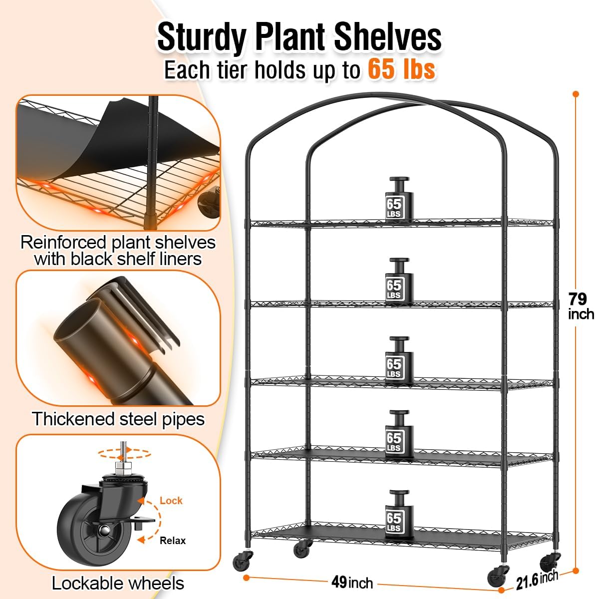 5 Tier Metal Plant Stand with Grow Light & PVC Cover Portable Mini Greenhouse with Shelves Adjustable Small Indoor Green House with Grow Light for Indoor Plants  Seedling Rack 49x21.6x79