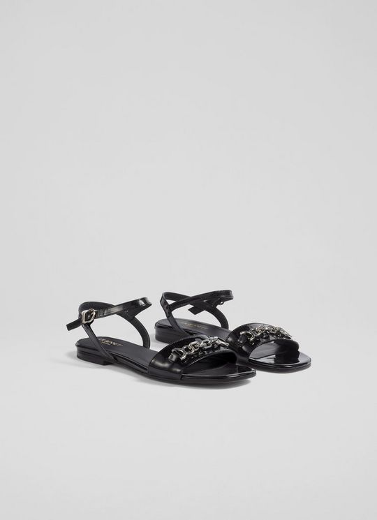 Kelly Black Patent Snaffle-Detail Flat Sandals