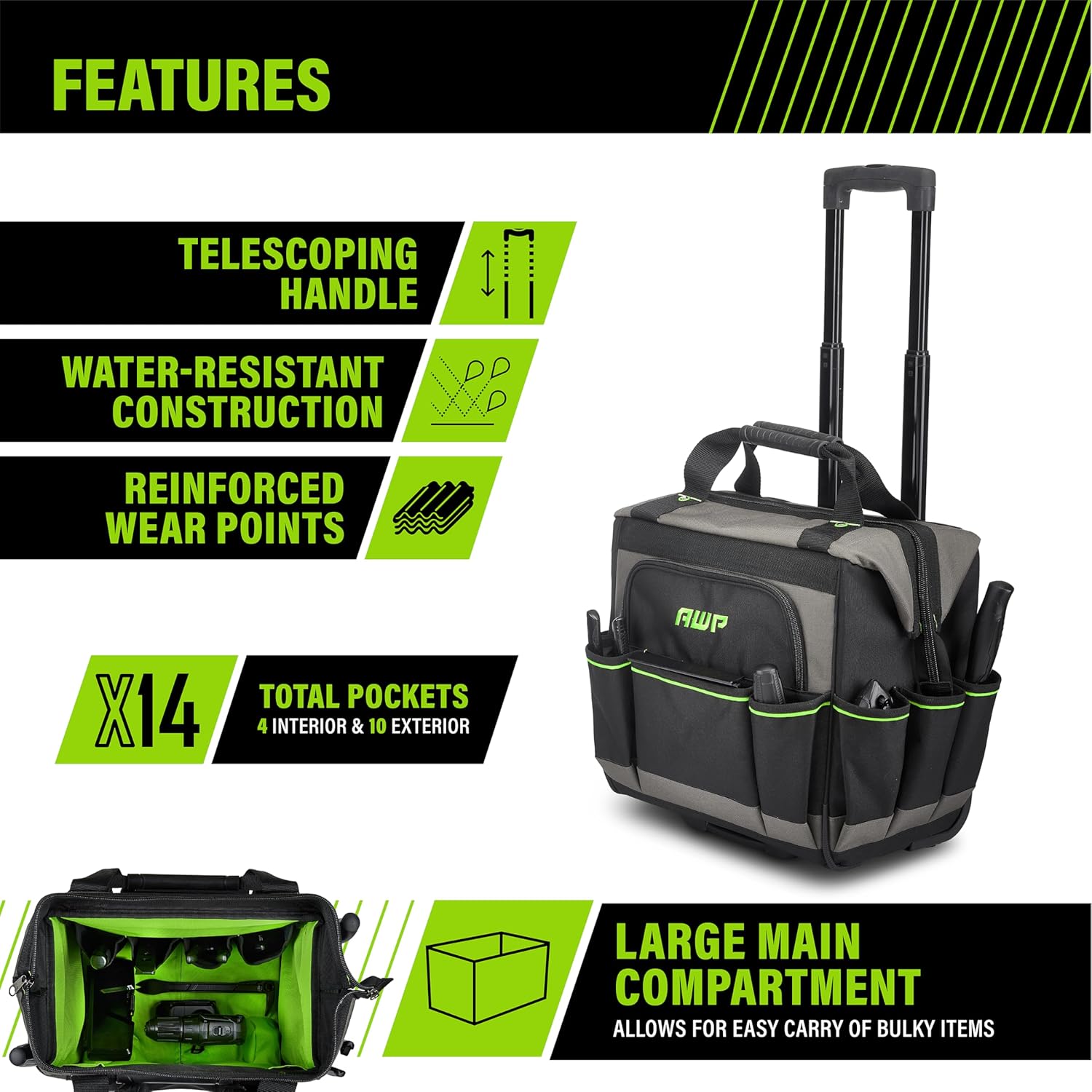 AWP Tool Bags, Premium Tool Bag, Black, Durable Tool Tote, for Professionals and Contractors
