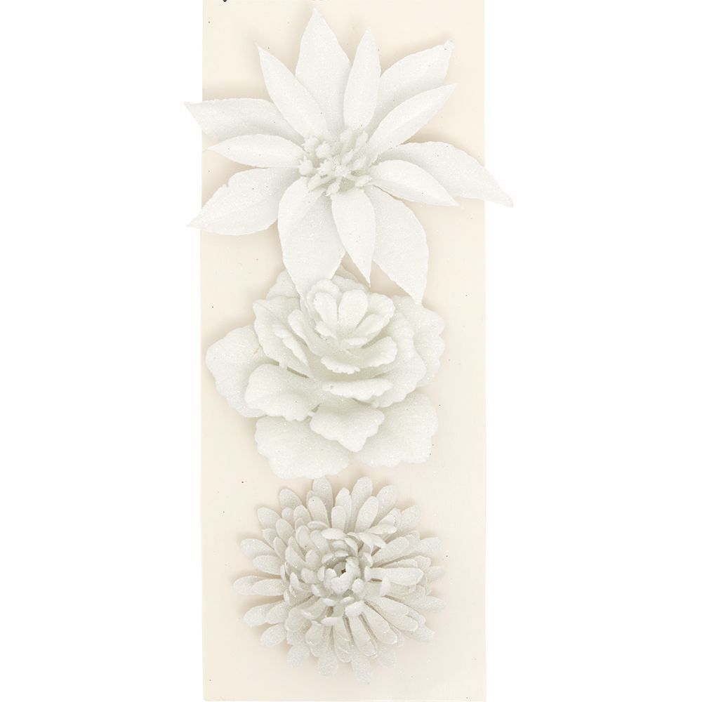 Fleur blanche à paillettes à suspendre No&euml;l x3