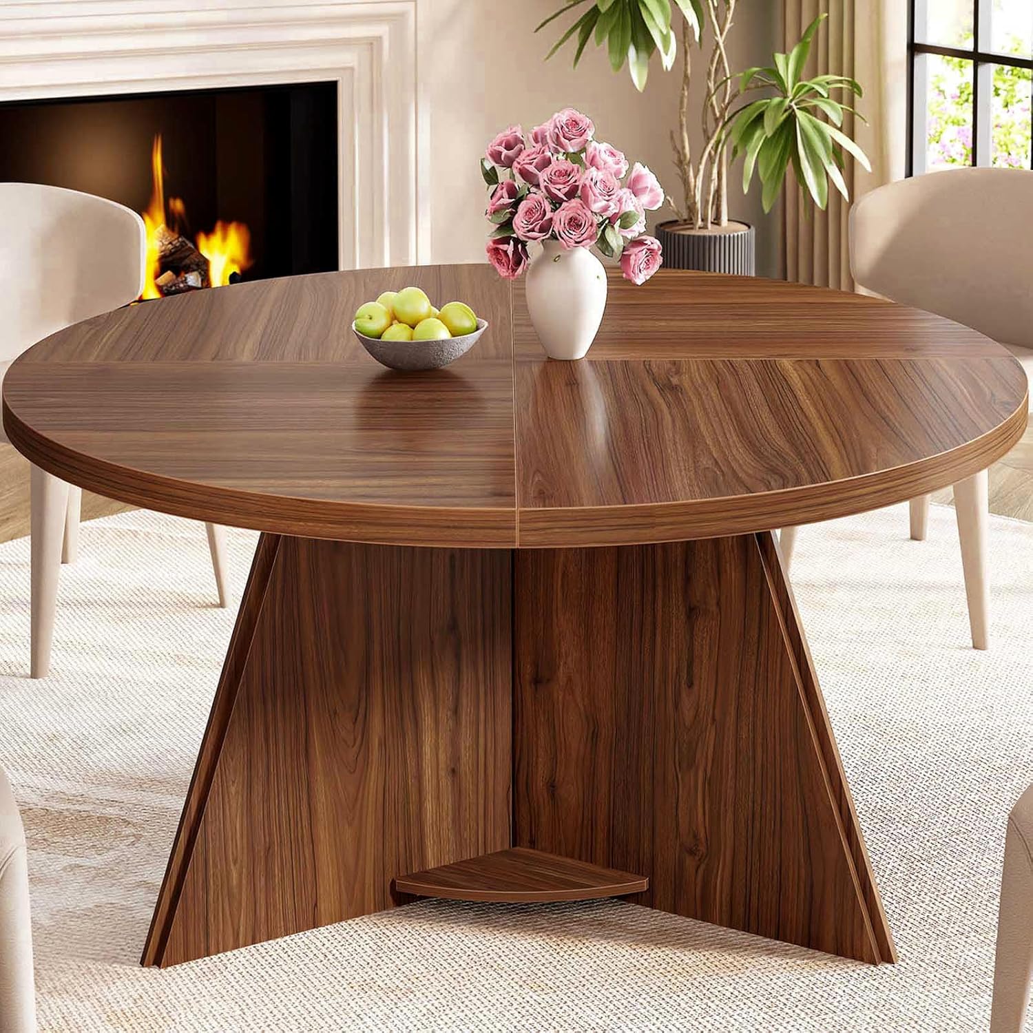 LVB Round Dining Table for 4-6, Mid Century Modern Walnut Circle Dinner Table, Brown Wood Pedestal Kitchen Table with Wooden Base for Dining Room, Kitchen, Living Room, 43 inch