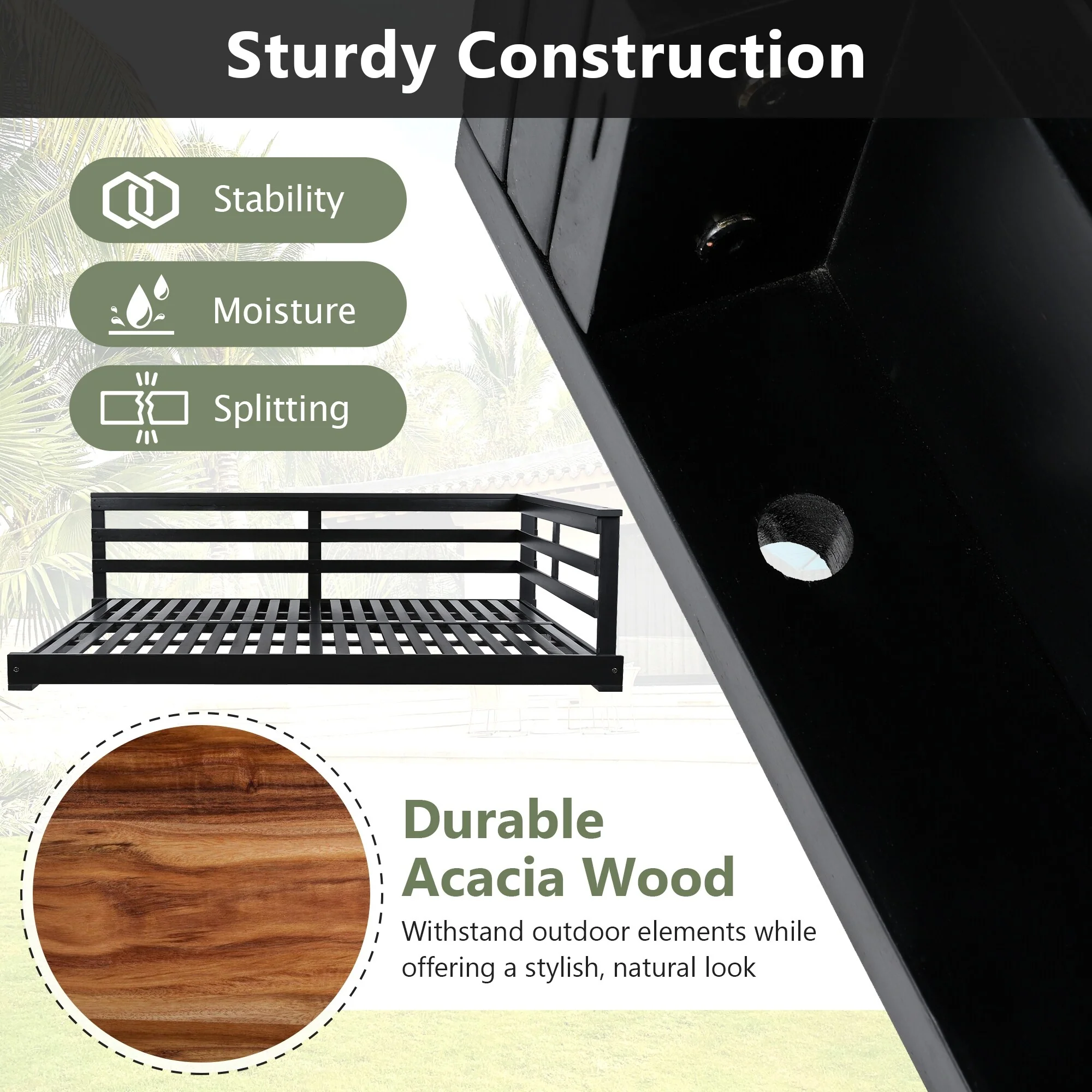 Acacia Wood Porch Swing Bed for Outdoor with Hemp Ropes - Full Size Patio Hanging Bed, Open-Side Minimalist Design