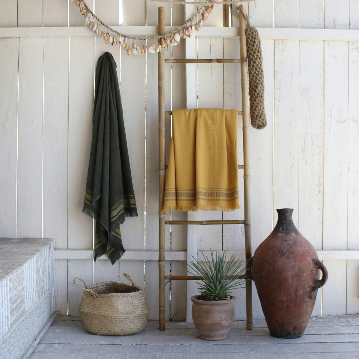 FARO - Fouta éponge coton  100x180 jaune moutarde / gris