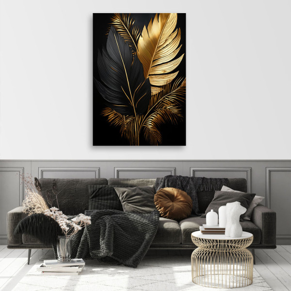 Feeby Obraz do salonu, Liście Palmy Czarno Złote 40x60