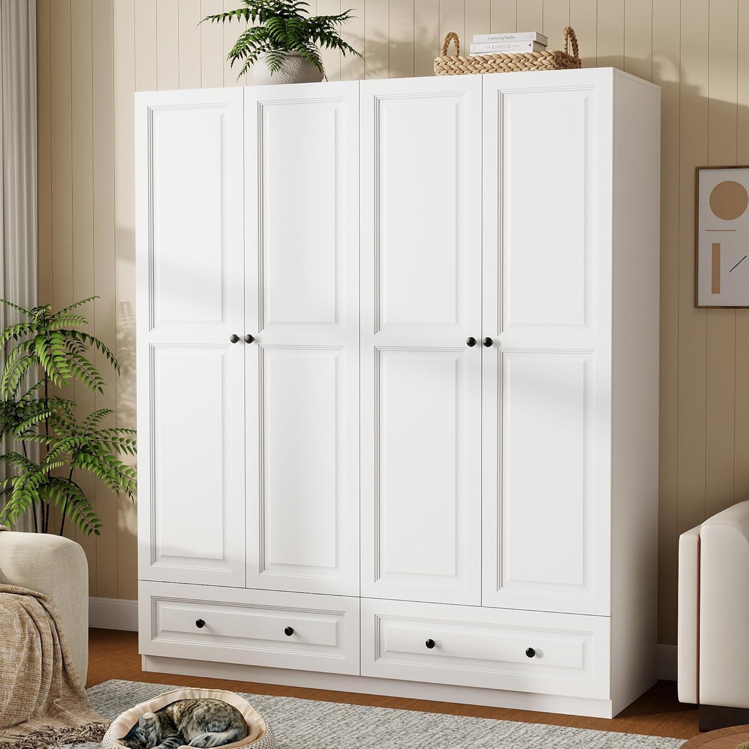 Armoire Wardrobe Closet with Drawers: 74 White Wardrobe Closet with 4 Doors, Bedroom Armoires with 2 Drawers, Wood Closets Cabinet for Hanging Clothes (White, 63)