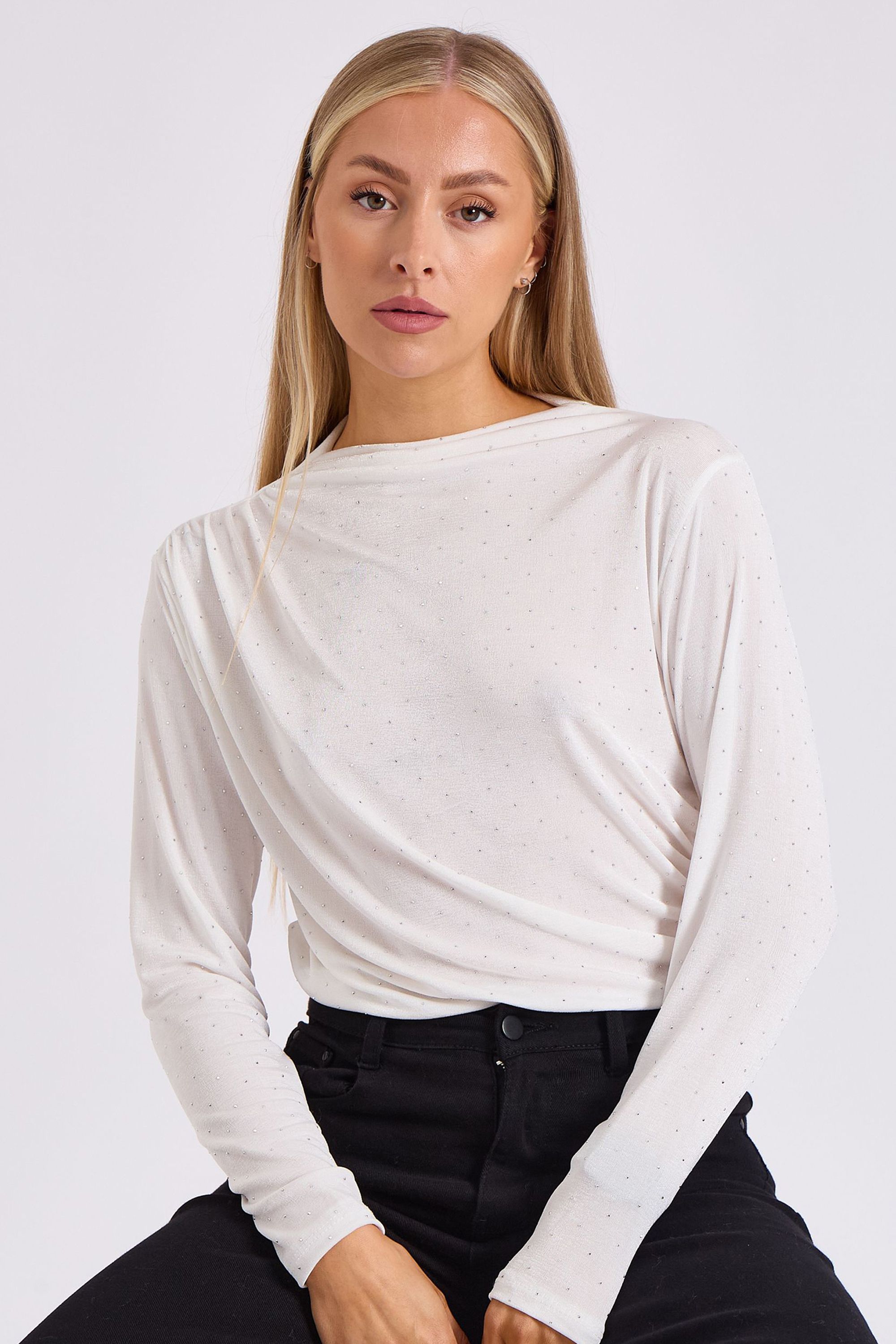 Gini London White Diamante Stud Cowl Front Bodysuit