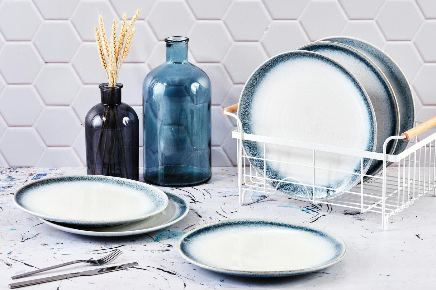 COSMOS - Lot de 6 assiettes plates en grès bleu D27,5