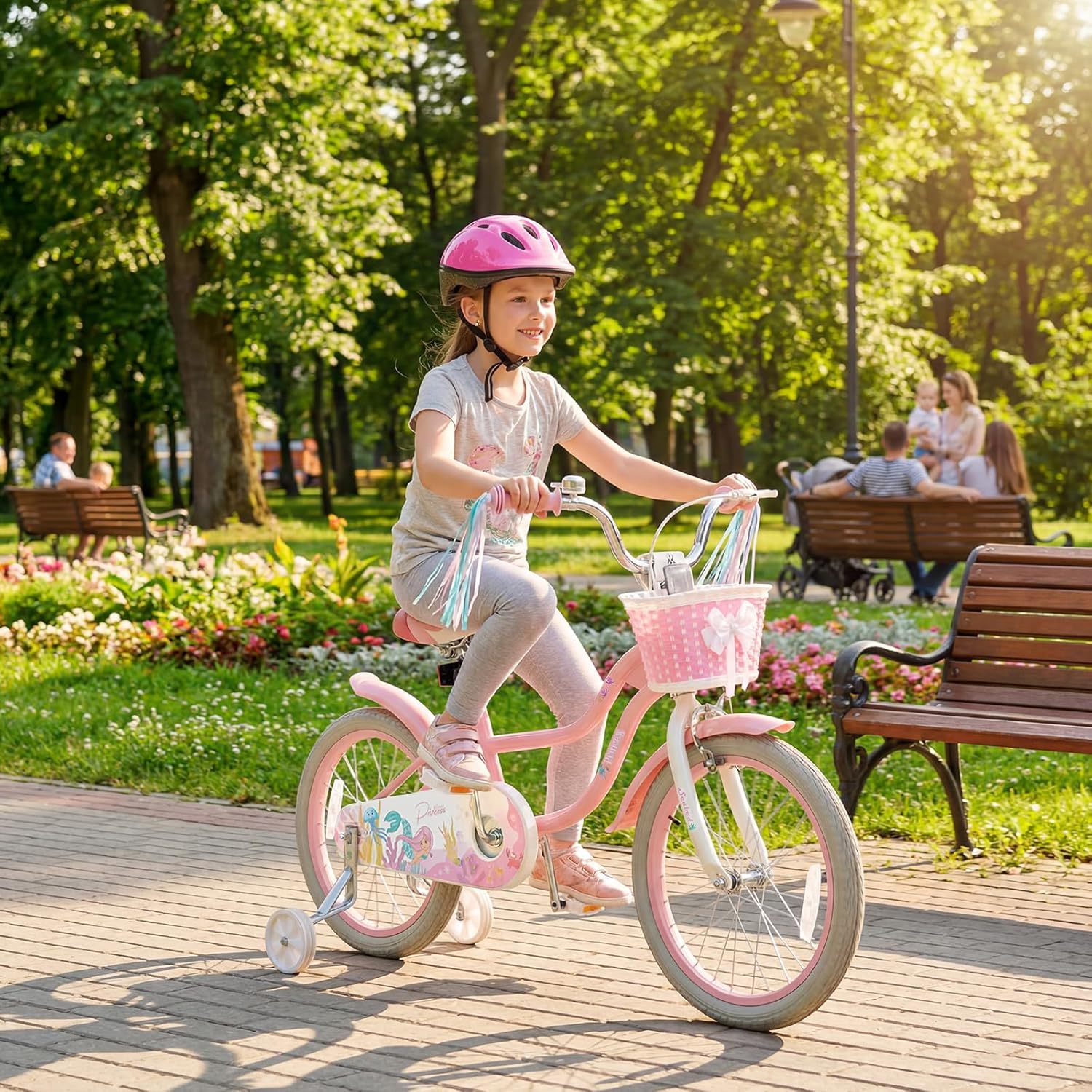 BABY JOY Kids Bike, 12 14 16 18 Mermaid Girls Bike for 3-8 Years Old w/Basket, Training Wheels, Hand & Coaster Brakes, Adjustable Seat & Handlebar, 20 Children Bicycle with Kickstand for 8+