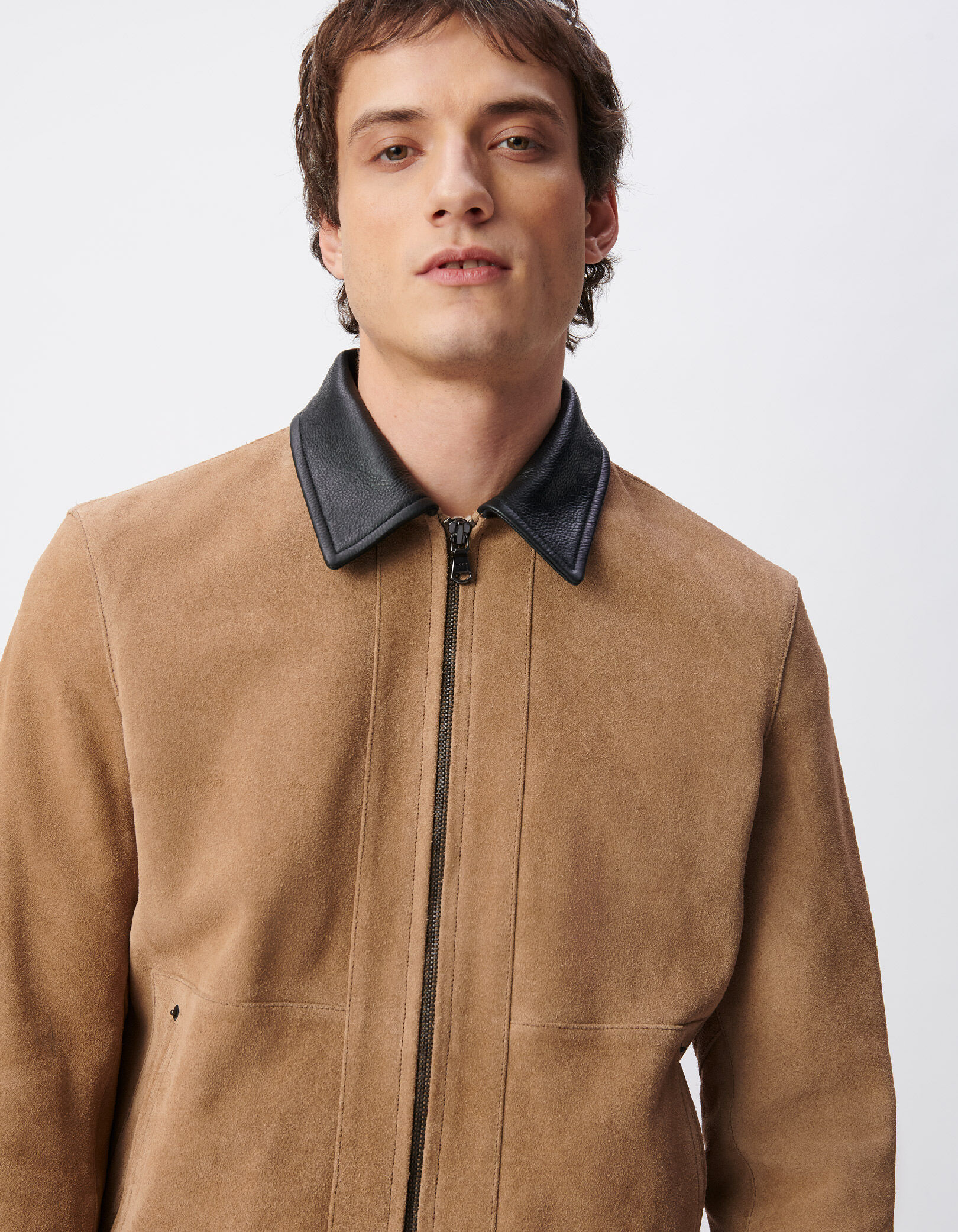 Blouson beige cuir velours col cuir noir Homme