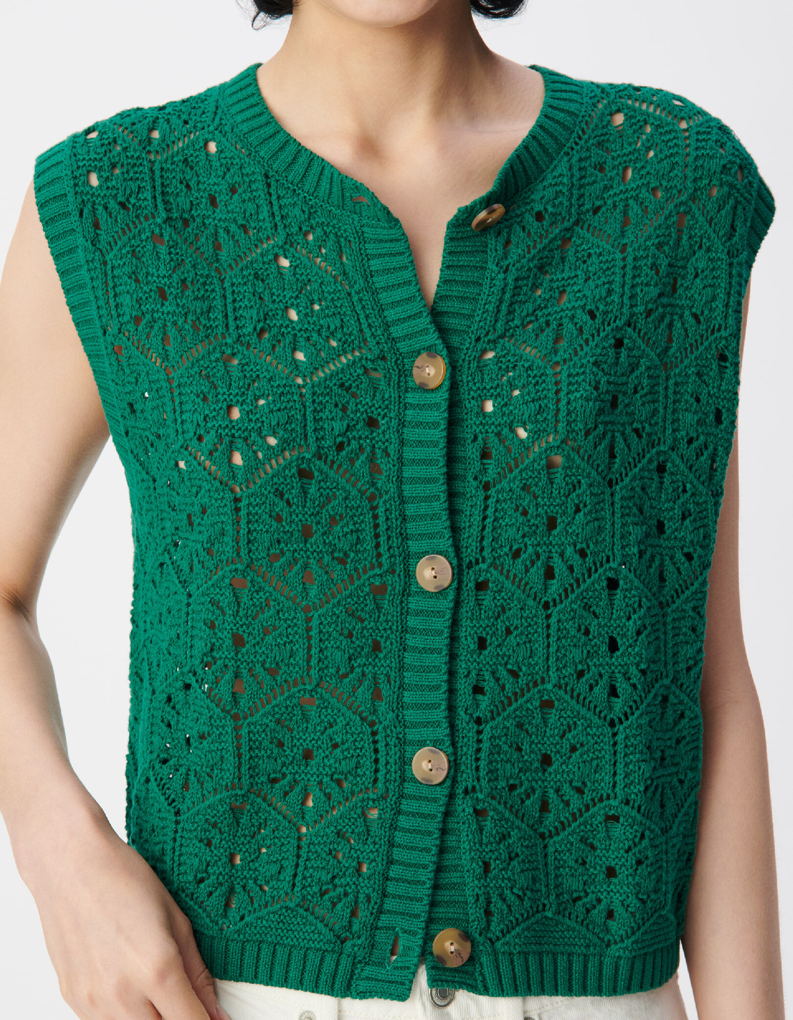 Cardigan sans manches vert tricot ajouré Femme