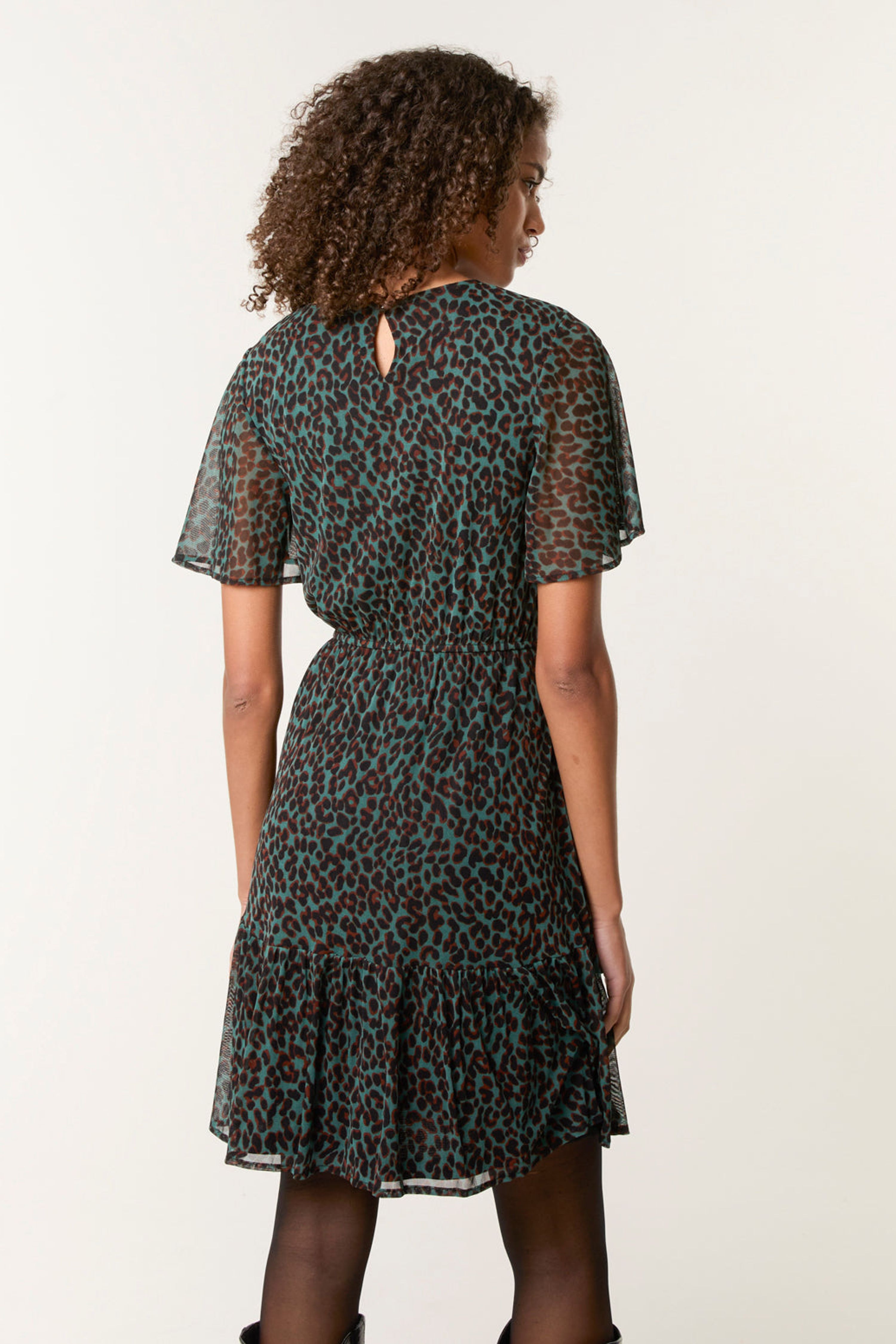 Blue Vanilla Khaki Leopard Print Mesh Crew Neck Mini Dress