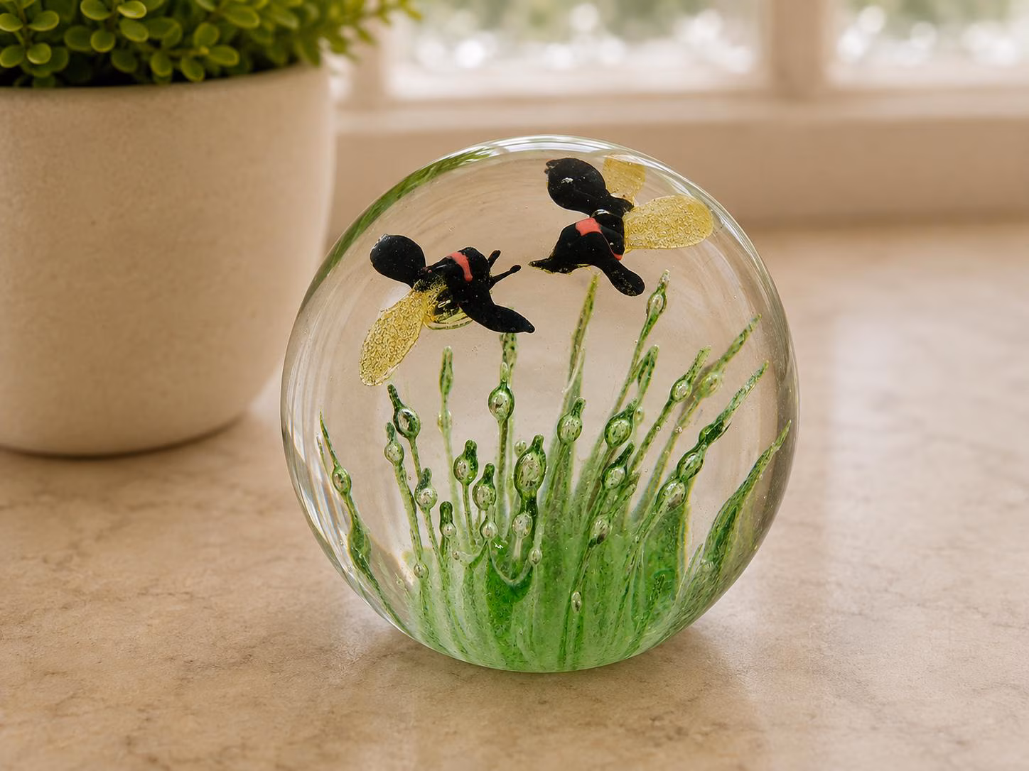 Vintage Art Glass Paperweight Bumble Bee Floral Design Clear Glass Orb
