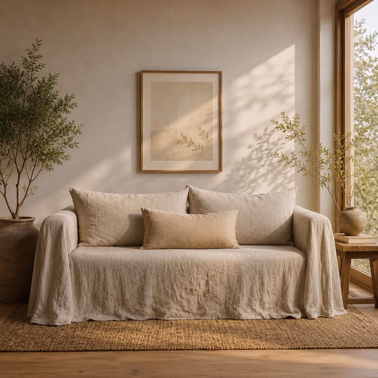 Neutral Linen Sofa Cover, Washed Linen Couch Slipcover, Farmhouse Sofa Throw, Boho Living Room Decor, Soft Linen Furniture Protector, Love