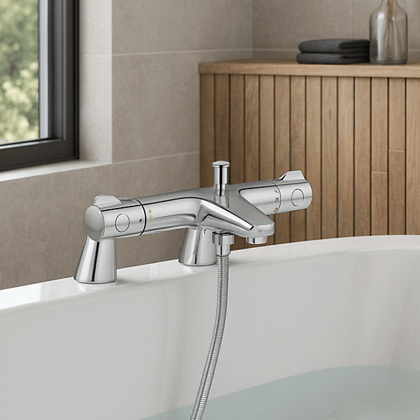 Pack mitigeur thermostatique GROHE Trend avec colonnettes   Douchette 1 jet Vitalio Get Stick   Flexible 1750 mm et support