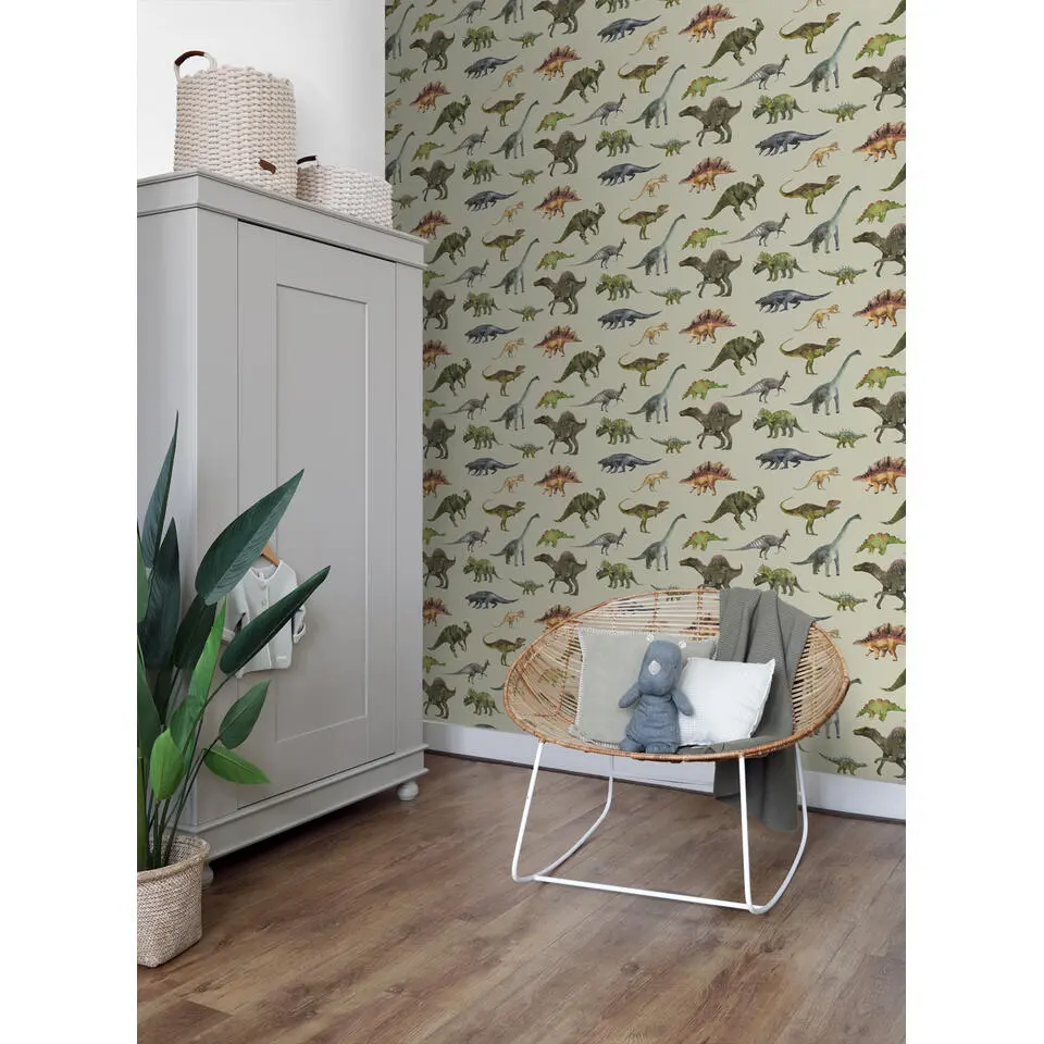 Sanders & Sanders behang dinosaurussen vergrijsd groen - 50 x 900 cm