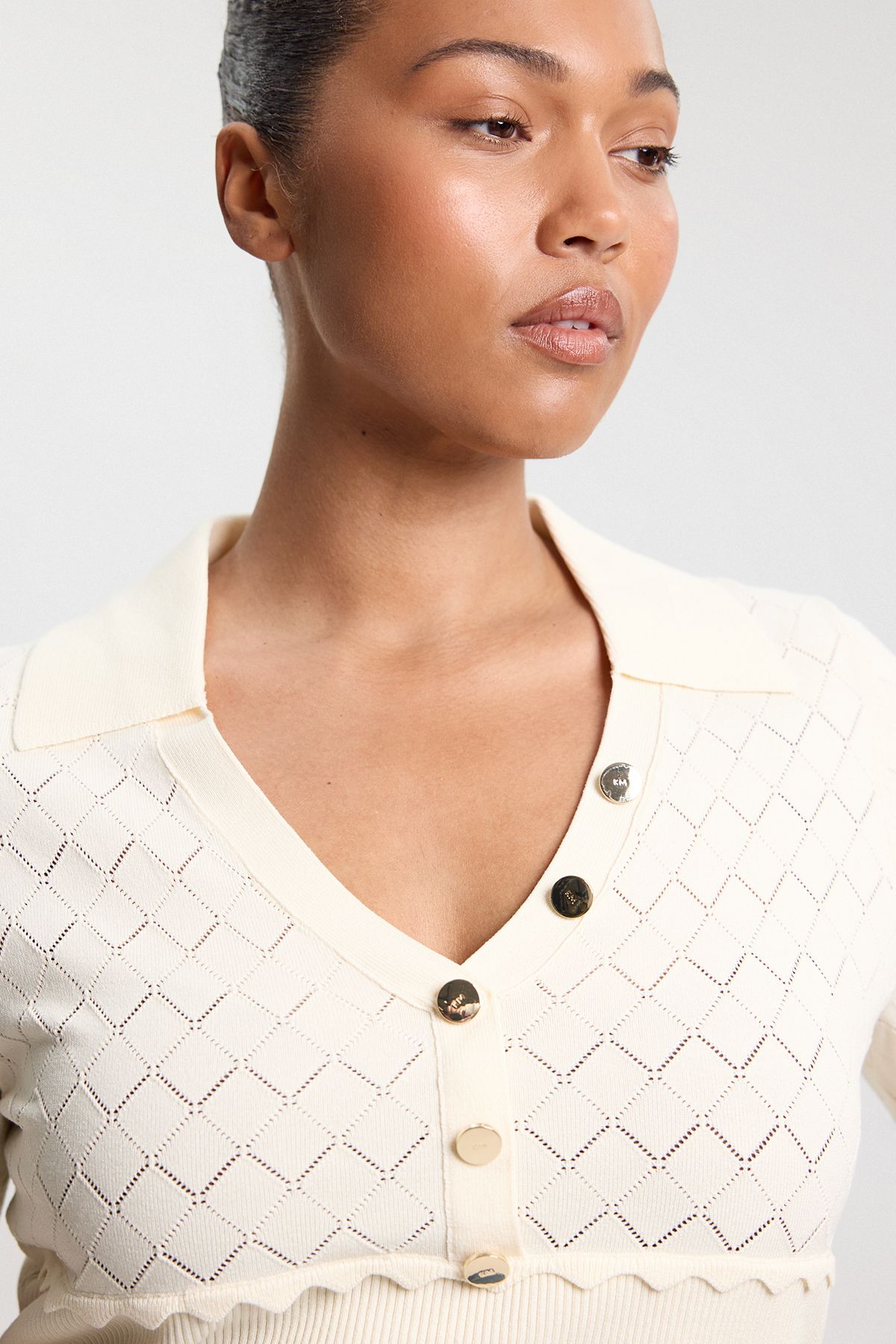 KarenMillen Plus Size Knit Stitch Detail Rib Collared Short Sleeve Top