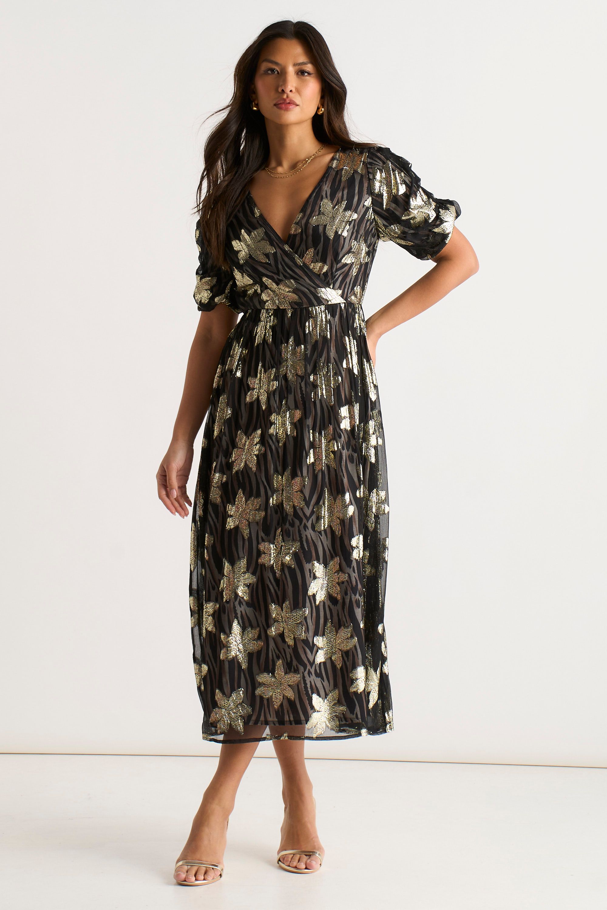 Gini London Black Floral Lurex Animal Wrap Front Dress