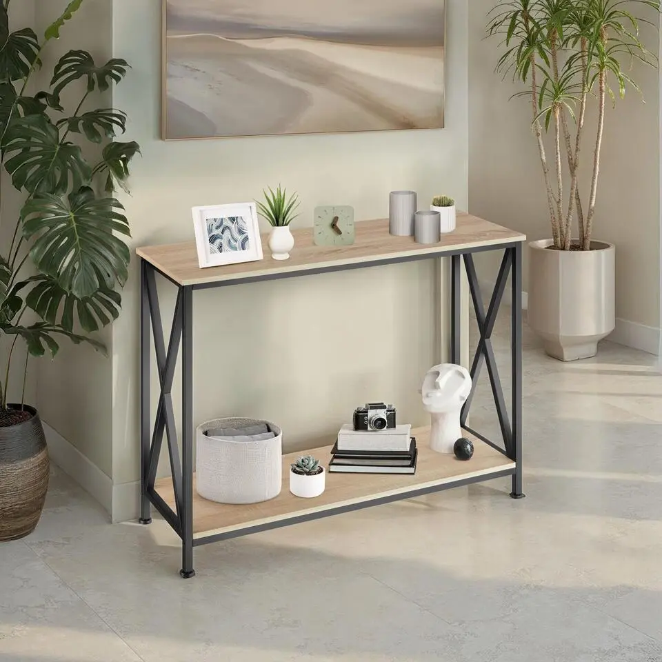 tectake Consoletafel Tacoma 100x35x80,5cm, Industrieel Licht Hout, Eiken Sonoma