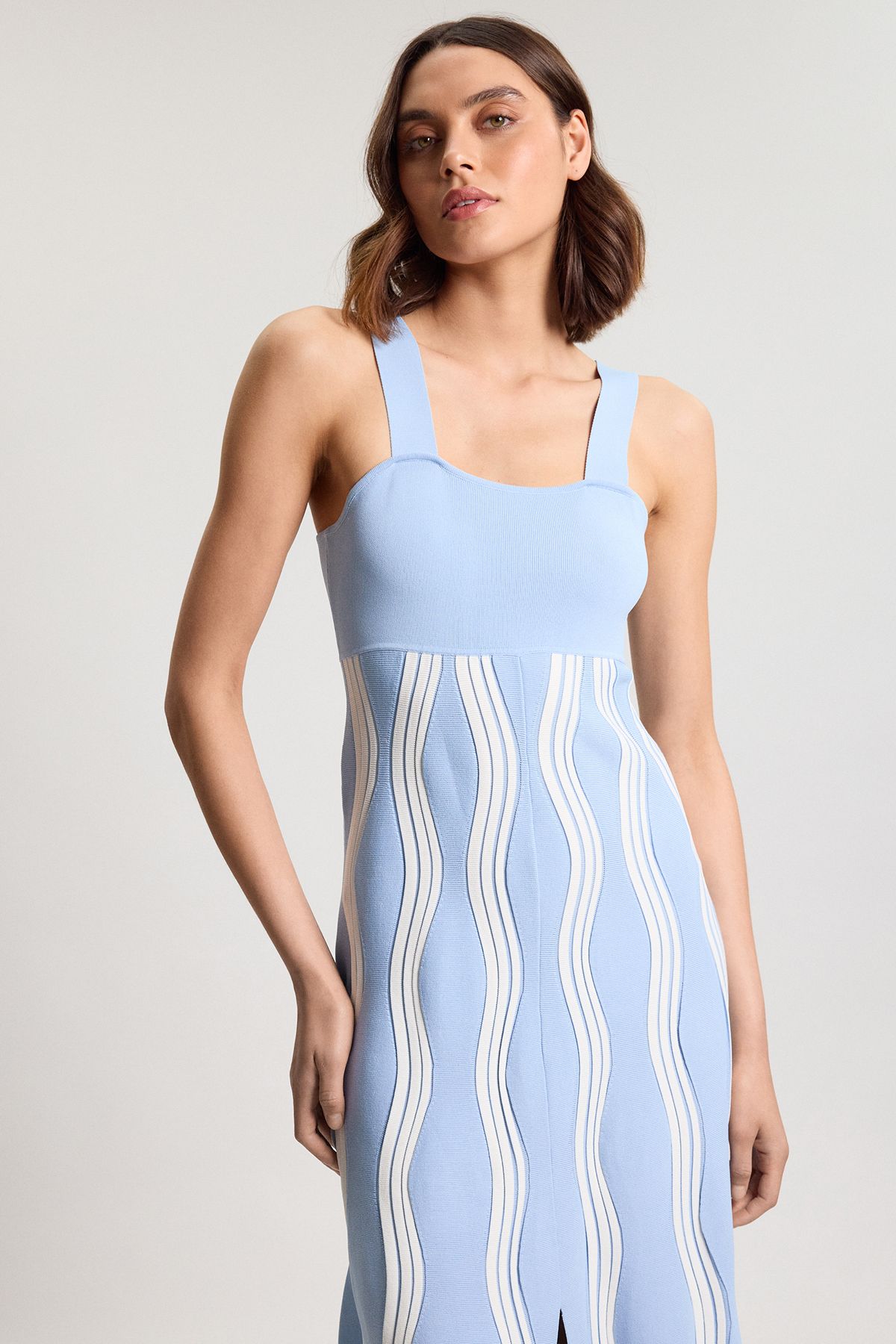 KarenMillen Petite Contrast Wave Knit A-Line Knitted Strappy Dress
