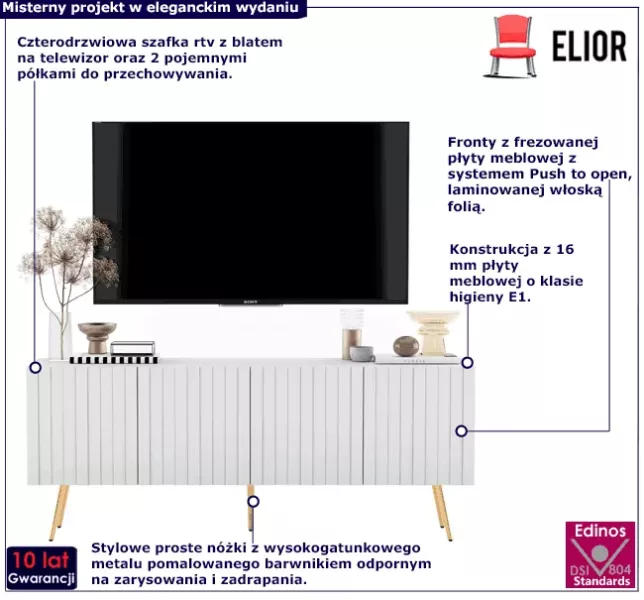 Biały stolik pod TV na złotych nóżkach - Lueno