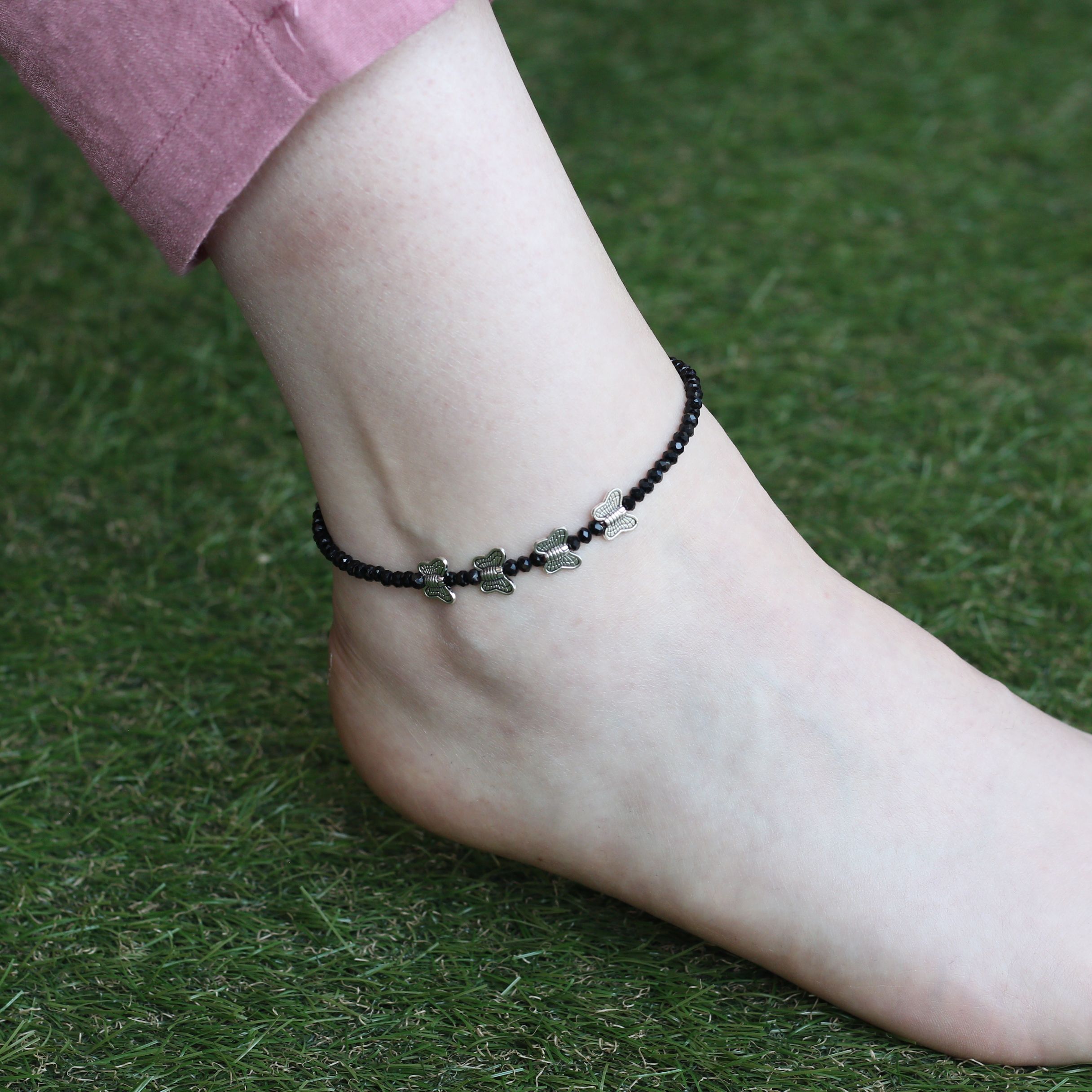 The Colourful Aura Butterfly Charm Black Beaded Nazar Slim Anklet Payal