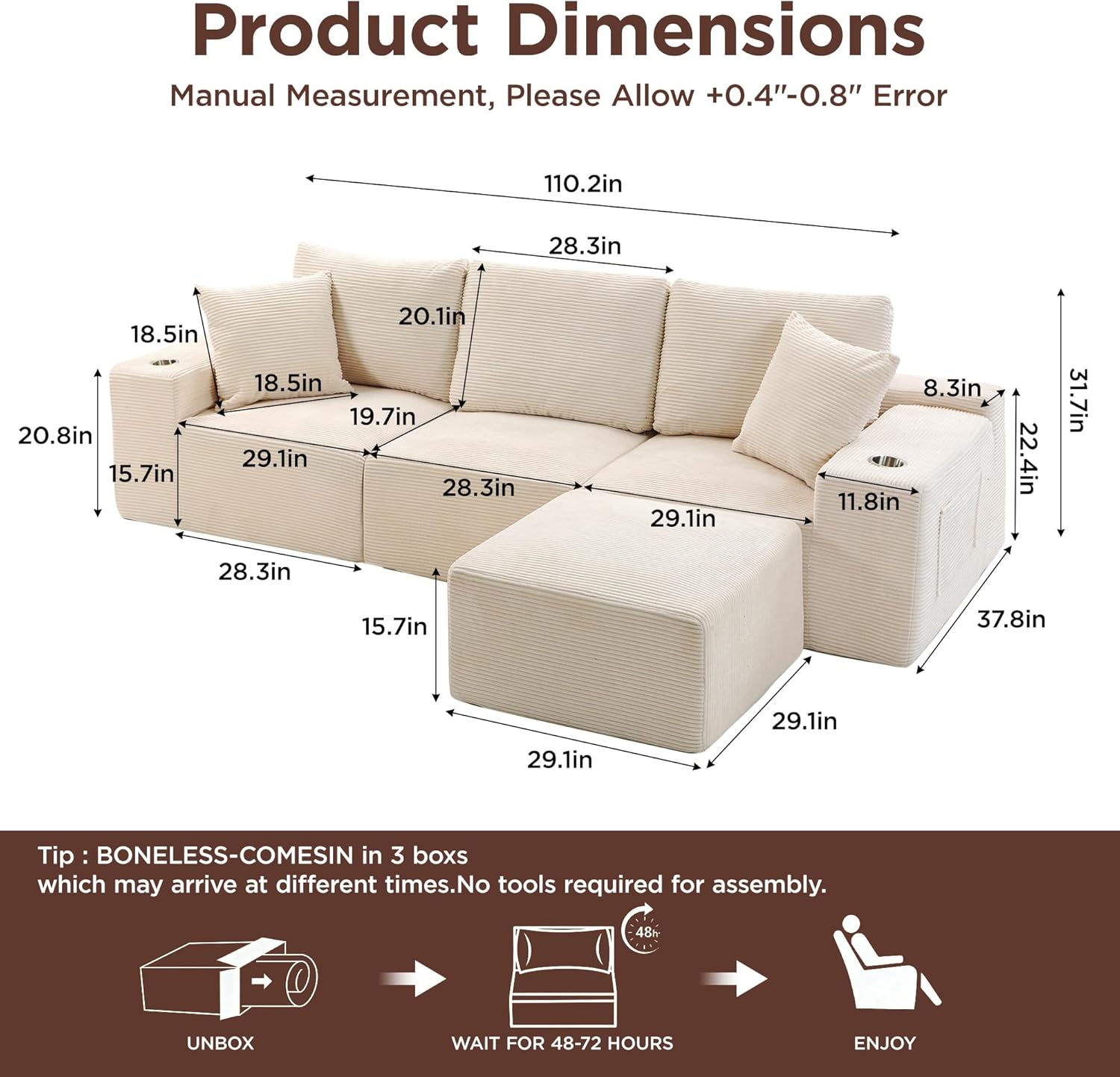 110Modular Sectional Sofa Couches,Convertible L-Shape Cloud Couch 3 Seat Oversize Chaise with Ottoman,Compressed Foam,Comfy Boneless,Side Pockets,Cup Holders, for Living Room,Apartment,Corduroy Beige