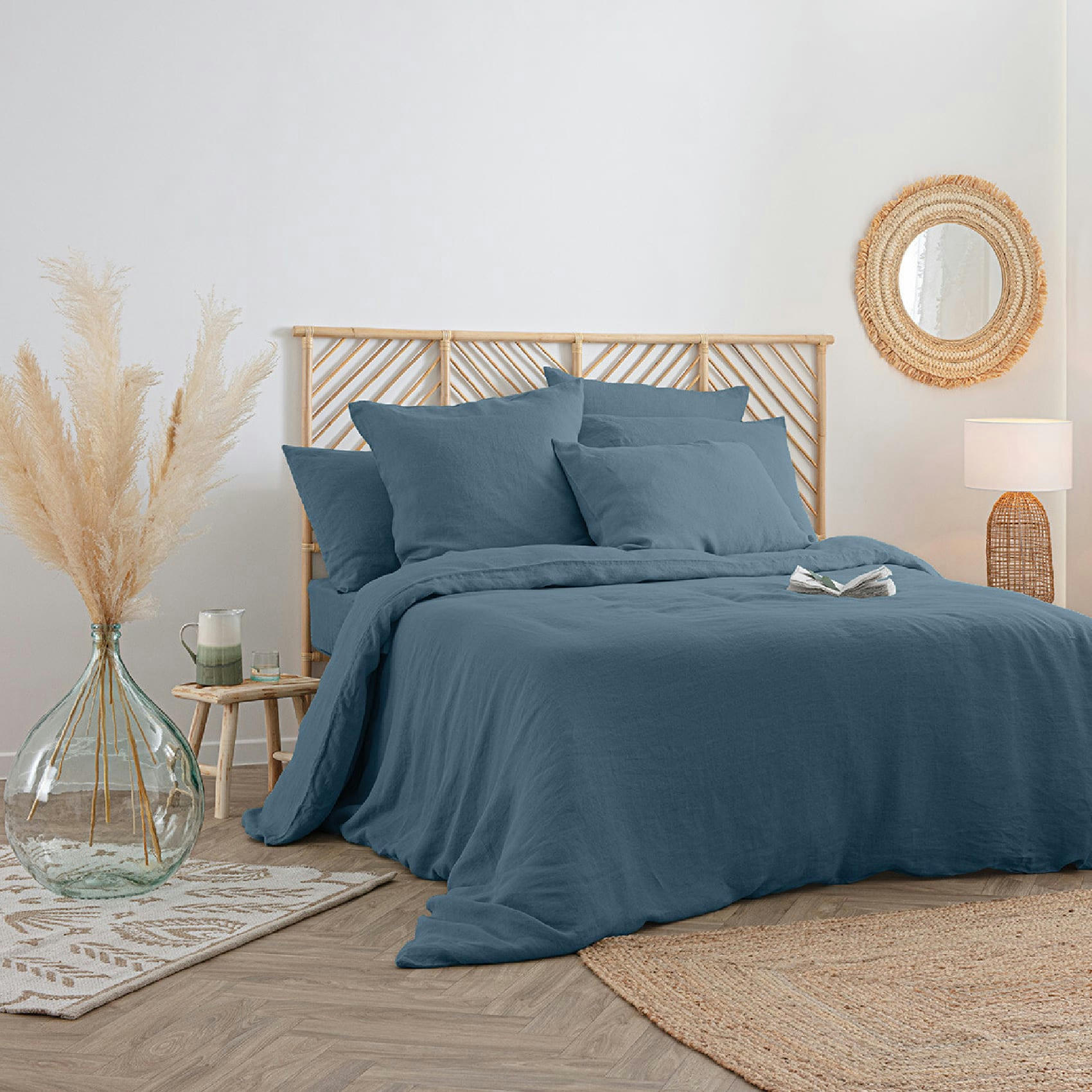- Housse de couette en 100% lin bleu canard 260x240 cm