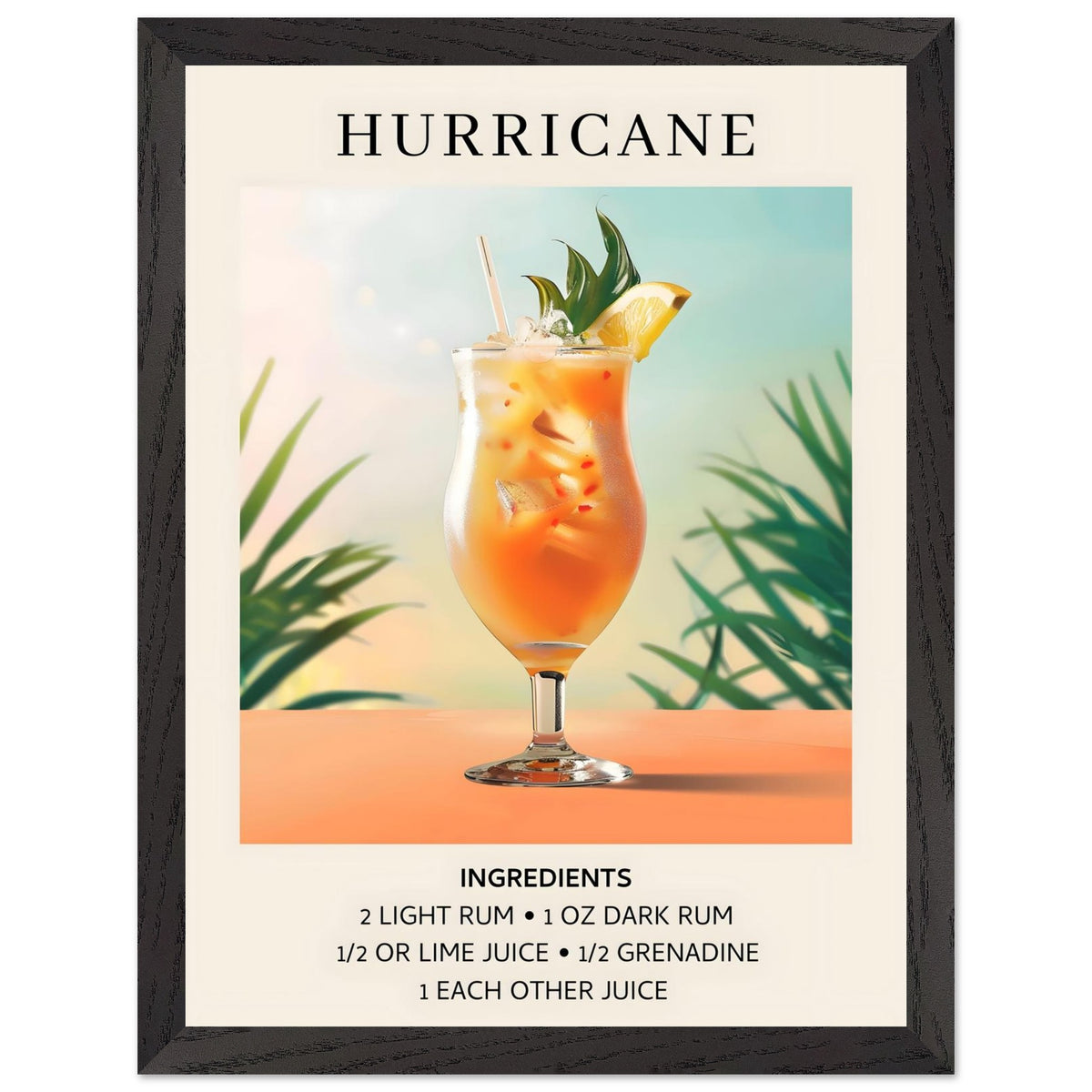 Artfulprints Poster met Lijst Hurricane cocktail - Ingrediënten  - 30x40 cm - Meerkleurig