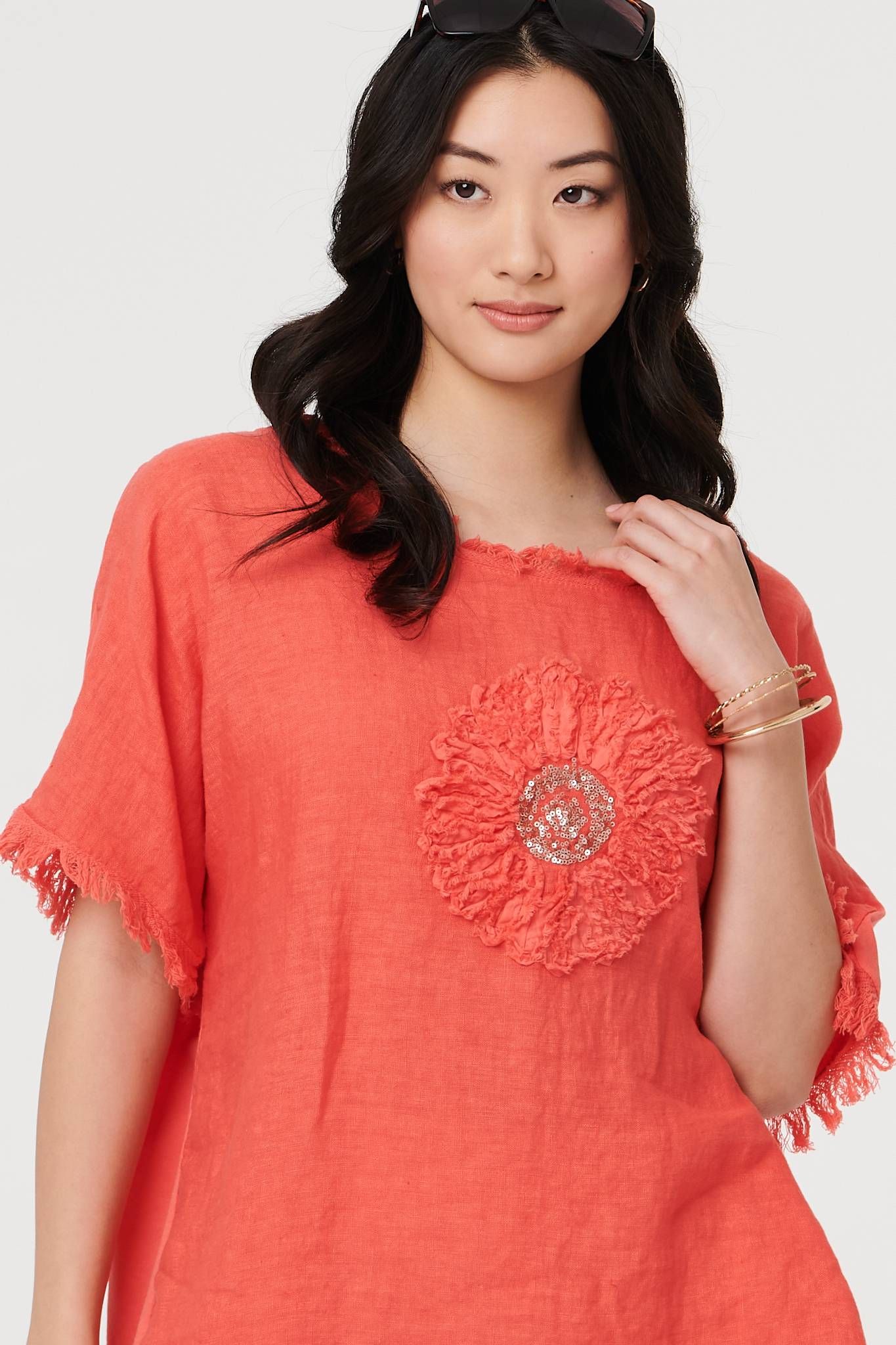 Izabel London Frayed Edge Floral Embellished Top