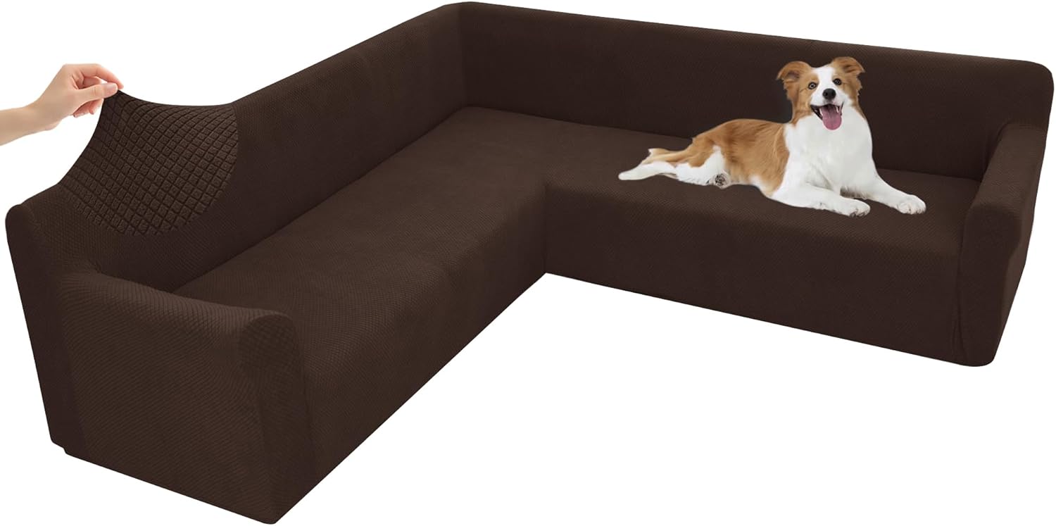 Arfntevss Stretch Sectional Couch Covers L Shaped Corner Sectional Sofa Cover Washable Jacquard Soft Fleece U Shape Sofa Slipcovers Anti Slip Furniture Protector for Dogs Pets (Small, Dark Brown)