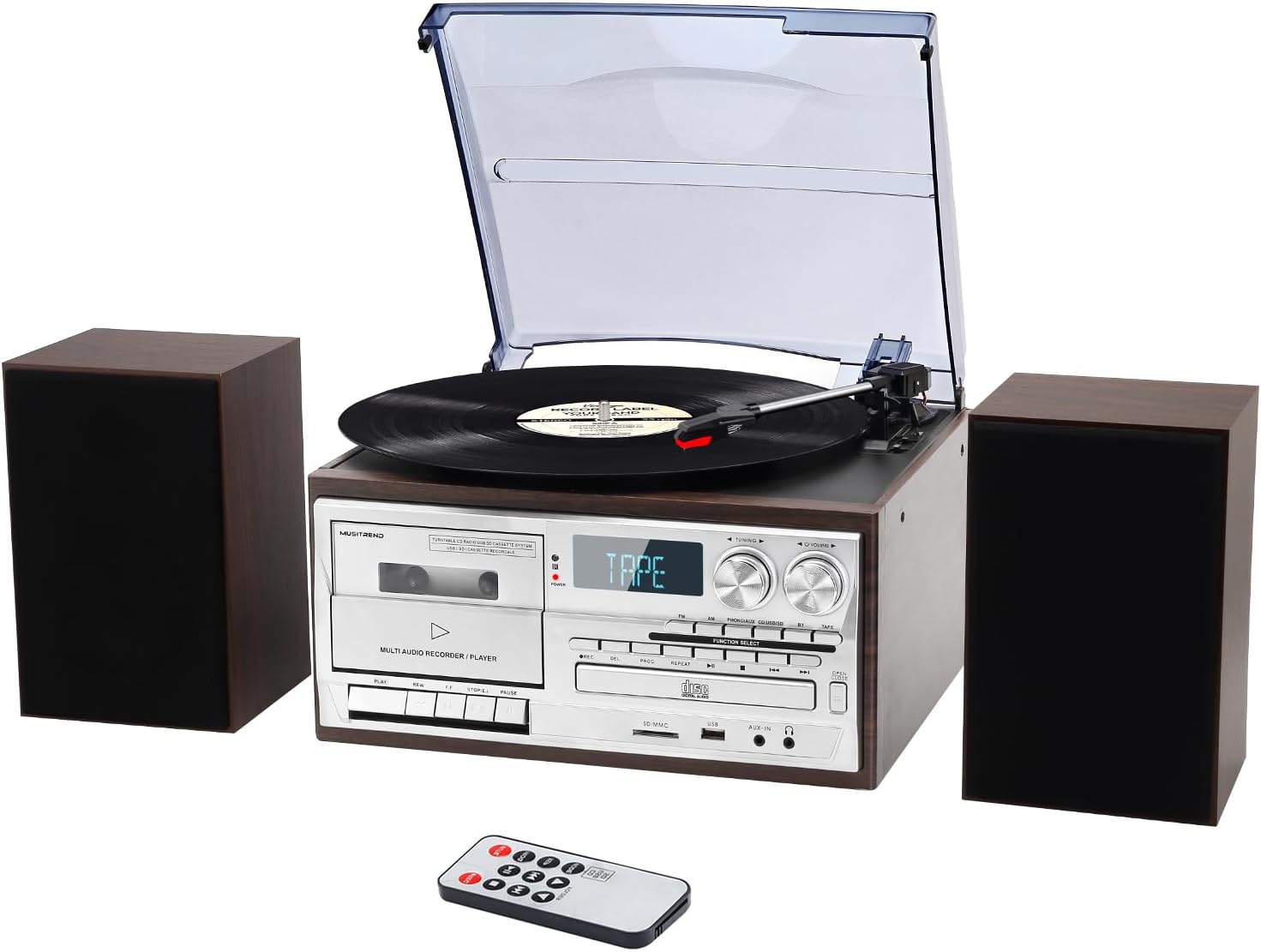 MUSITREND 10 in 1 Record Player with External Speakers,3 Speed Bluetooth Turntable Vinyl Player with CD/Cassette Play,AM/FM Radio, USB/SD Playback,Aux-in/RCA Line Out