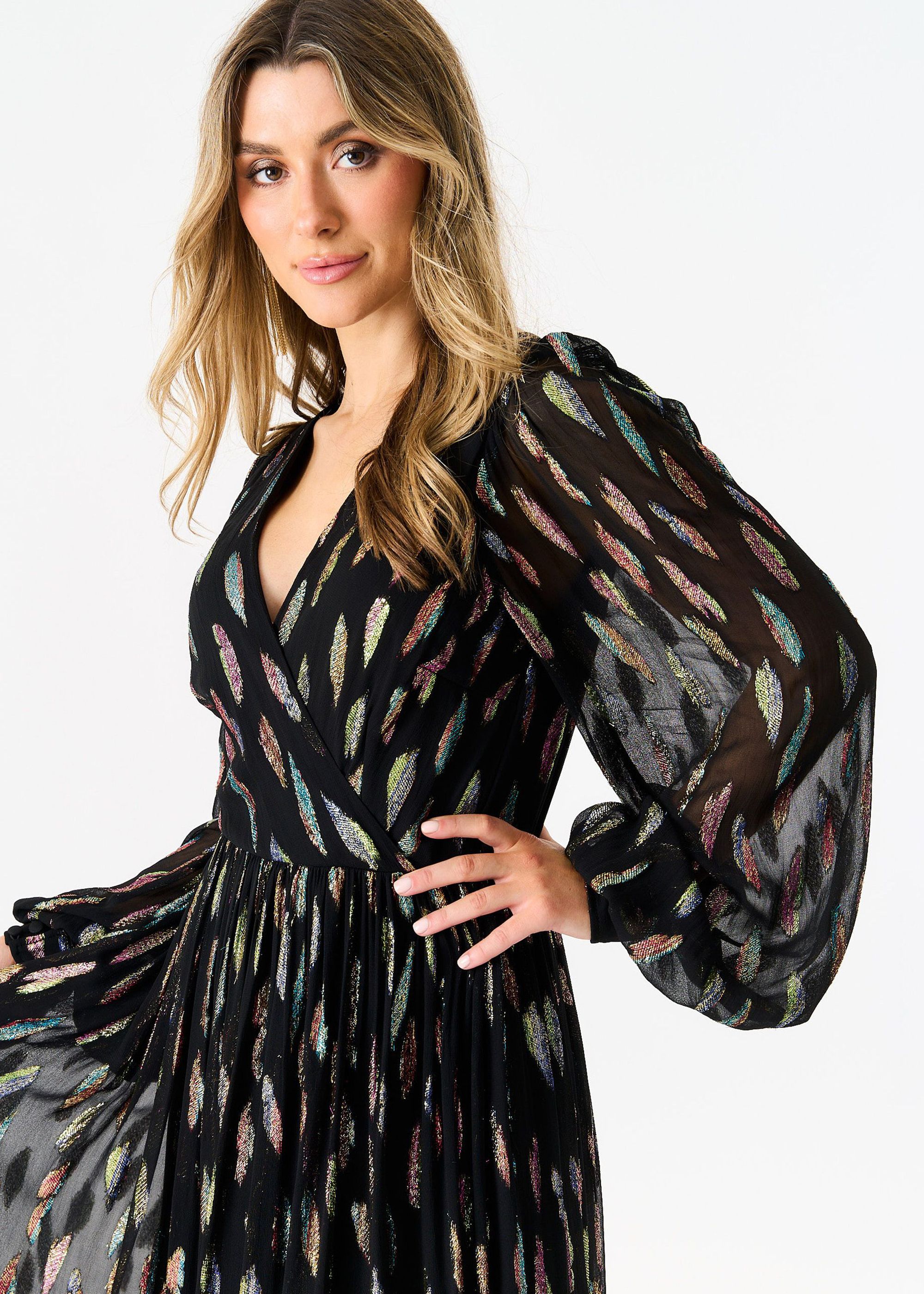 Gini London Black Metallic Print Full Sleeve Maxi Dress